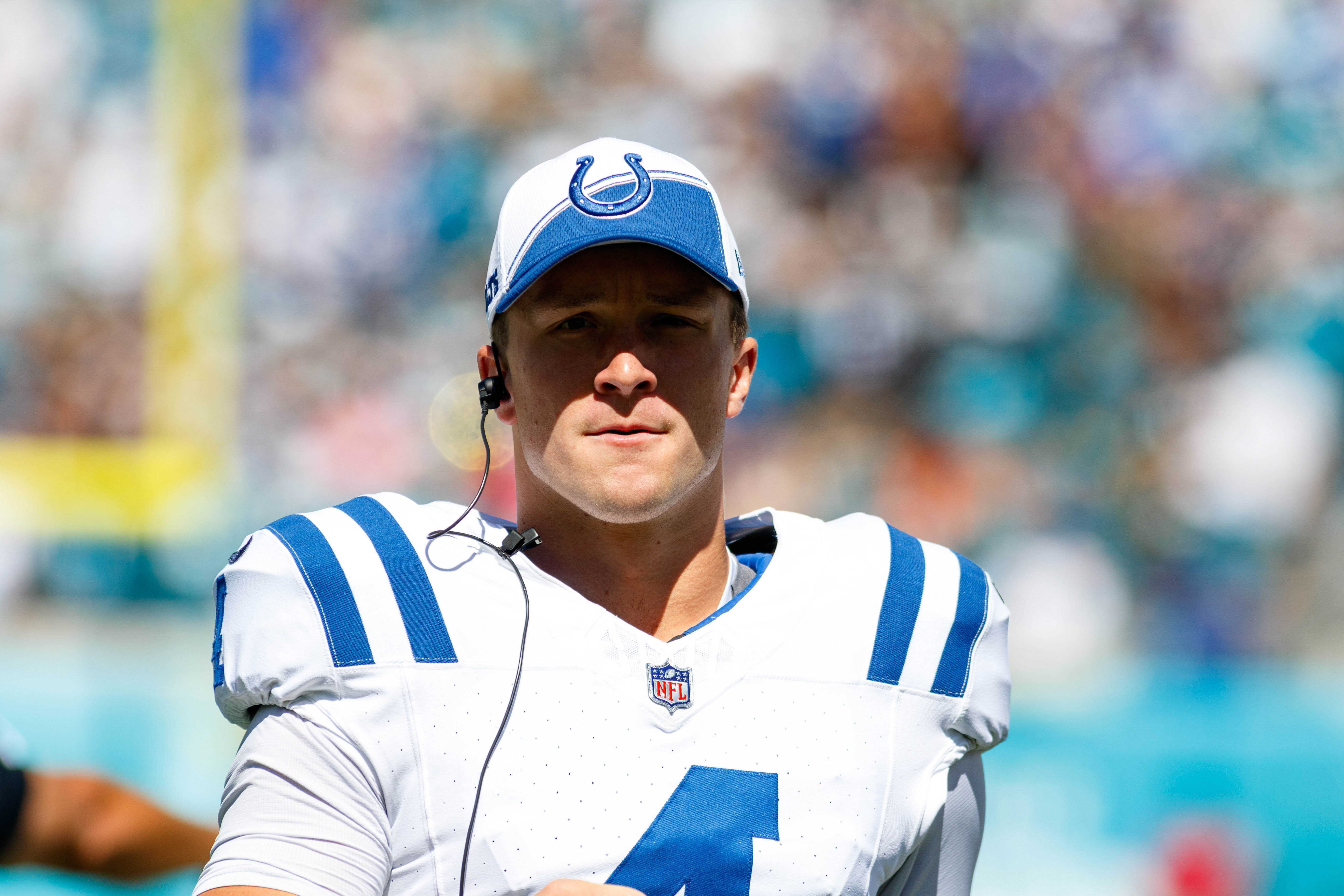 Oct 15, 2023; Jacksonville, Florida, USA; Indianapolis Colts quarterback Sam Ehlinger (4) on the sideline against the Jacksonville Jaguars during the first quarter at EverBank Stadium.