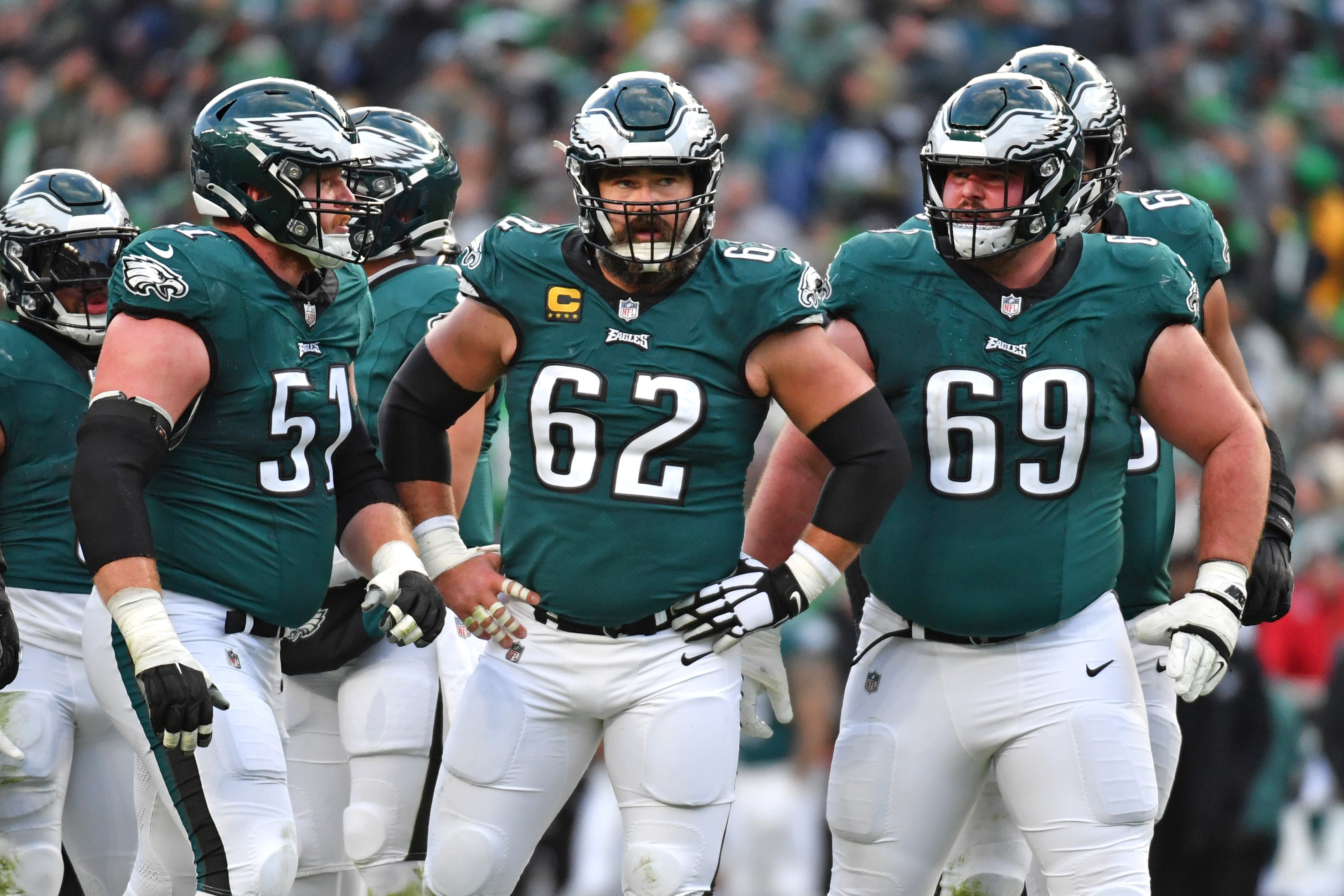 Philadelphia Eagles center Cam Jurgens (51), center Jason Kelce (62) and guard Landon Dickerson (69) against the Arizona Cardinals at Lincoln Financial Field.