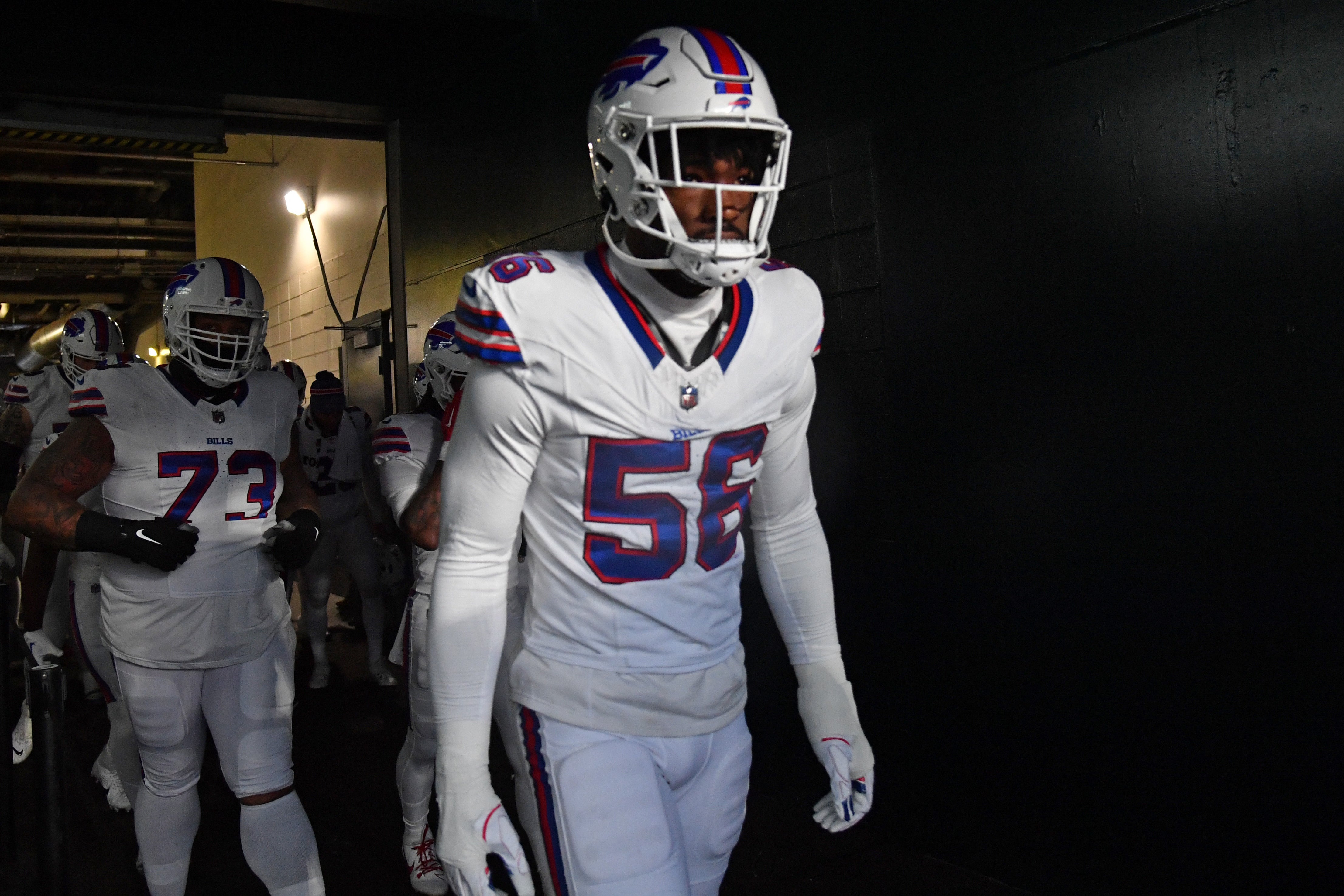 Nov 26, 2023; Philadelphia, Pennsylvania, USA; Buffalo Bills defensive end Leonard Floyd (56) in the tunnel against the Philadelphia Eagles at Lincoln Financial Field.
