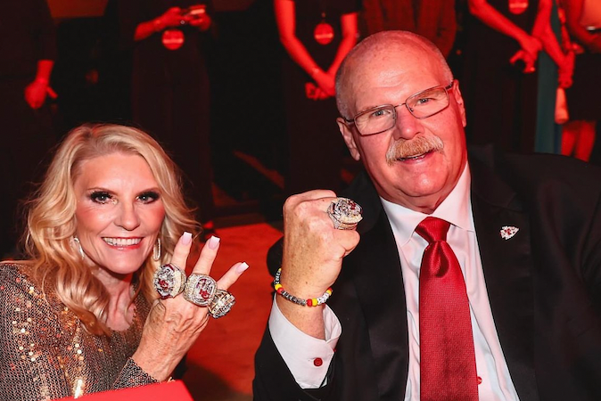 Andy Reid wears his new Super Bowl ring at the Chiefs ceremony on Thursday night.