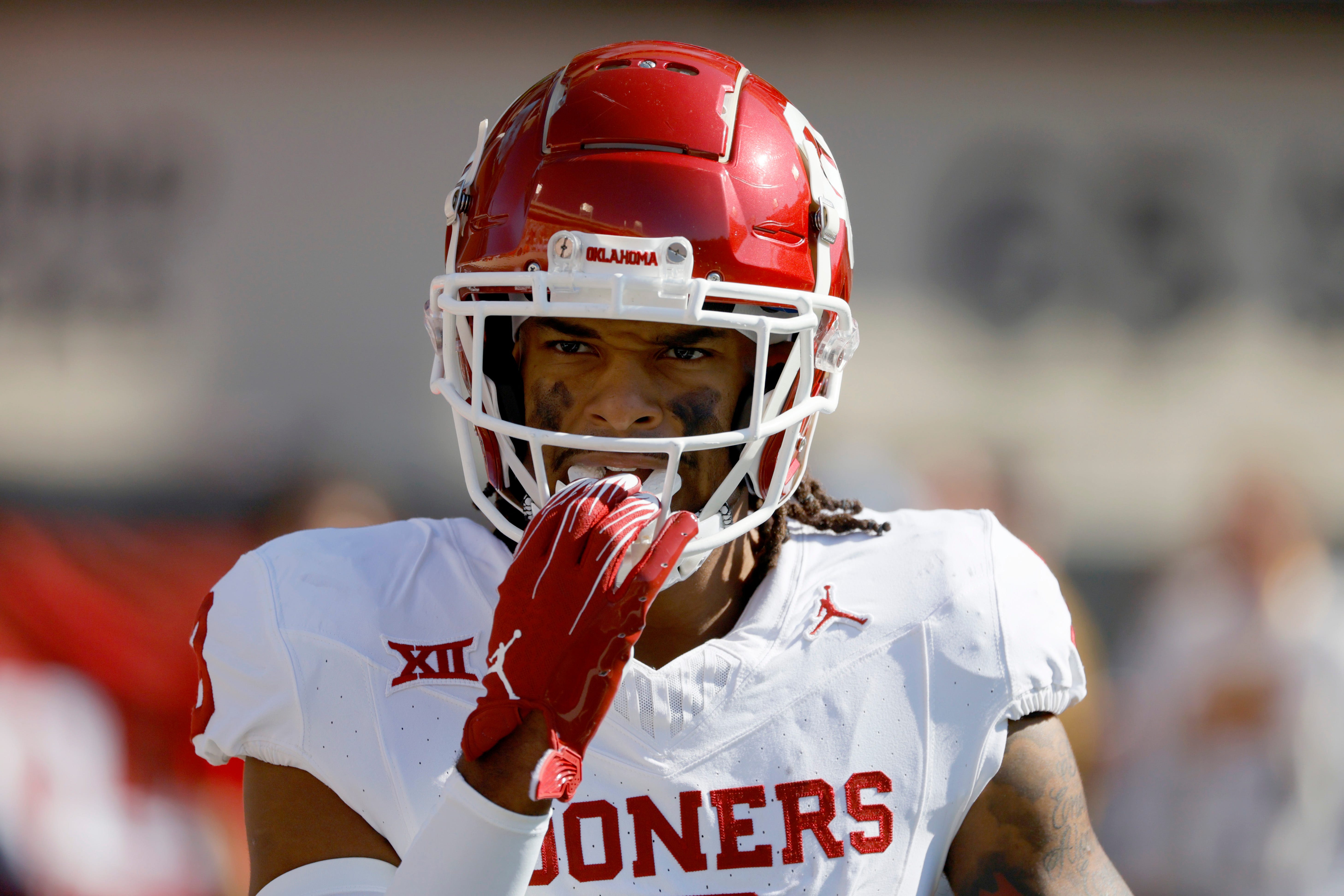 Oklahoma Sooners wide receiver Jalil Farooq (3) warms up before a Bedlam college football game between the Oklahoma State University Cowboys (OSU) and the University of Oklahoma Sooners (OU) at Boone Pickens Stadium in Stillwater, Okla., Saturday, Nov. 4, 2023.