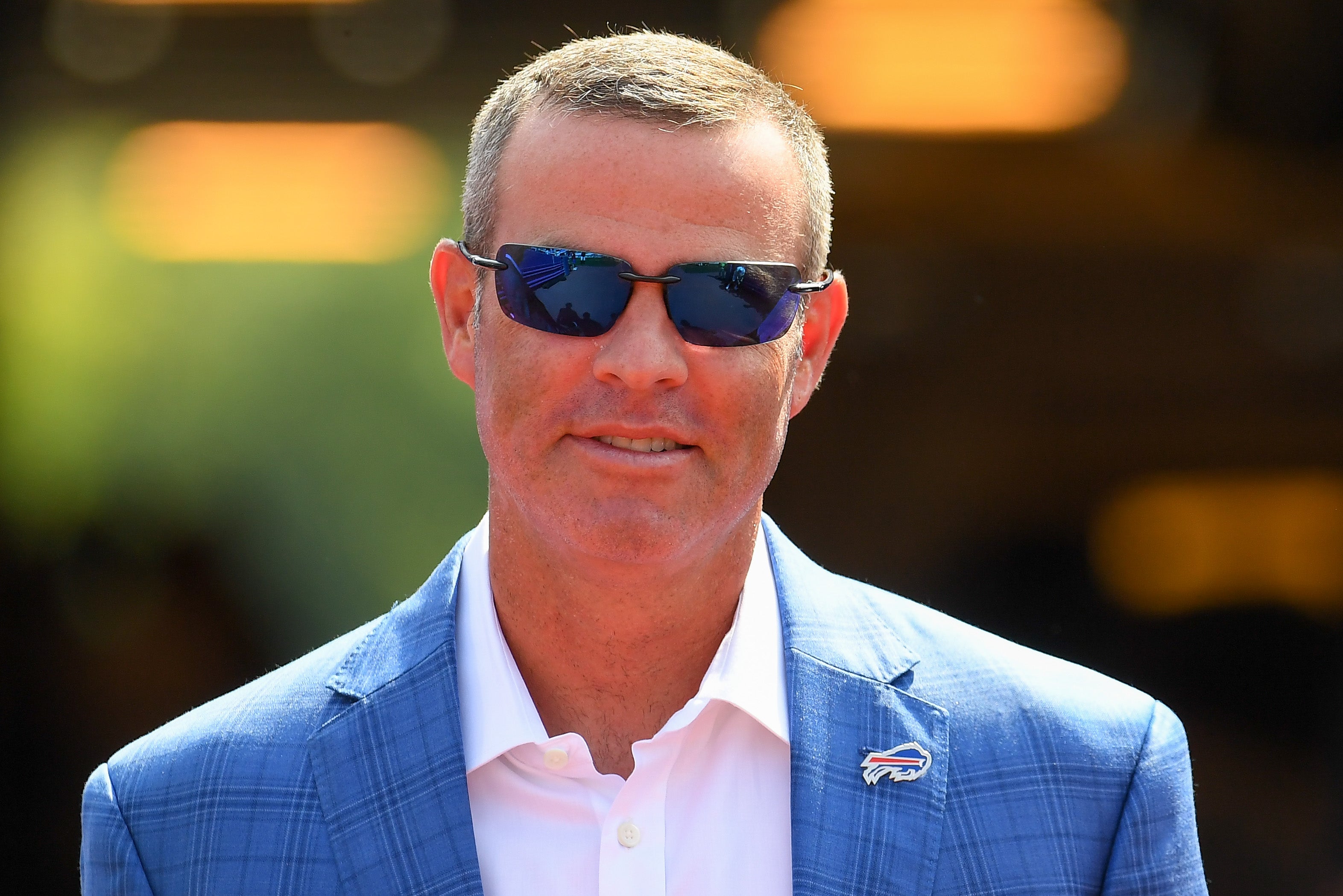 Aug 28, 2021; Orchard Park, New York, USA; Buffalo Bills general manager Brandon Beane walks to the field prior to the game against the Green Bay Packers at Highmark Stadium.