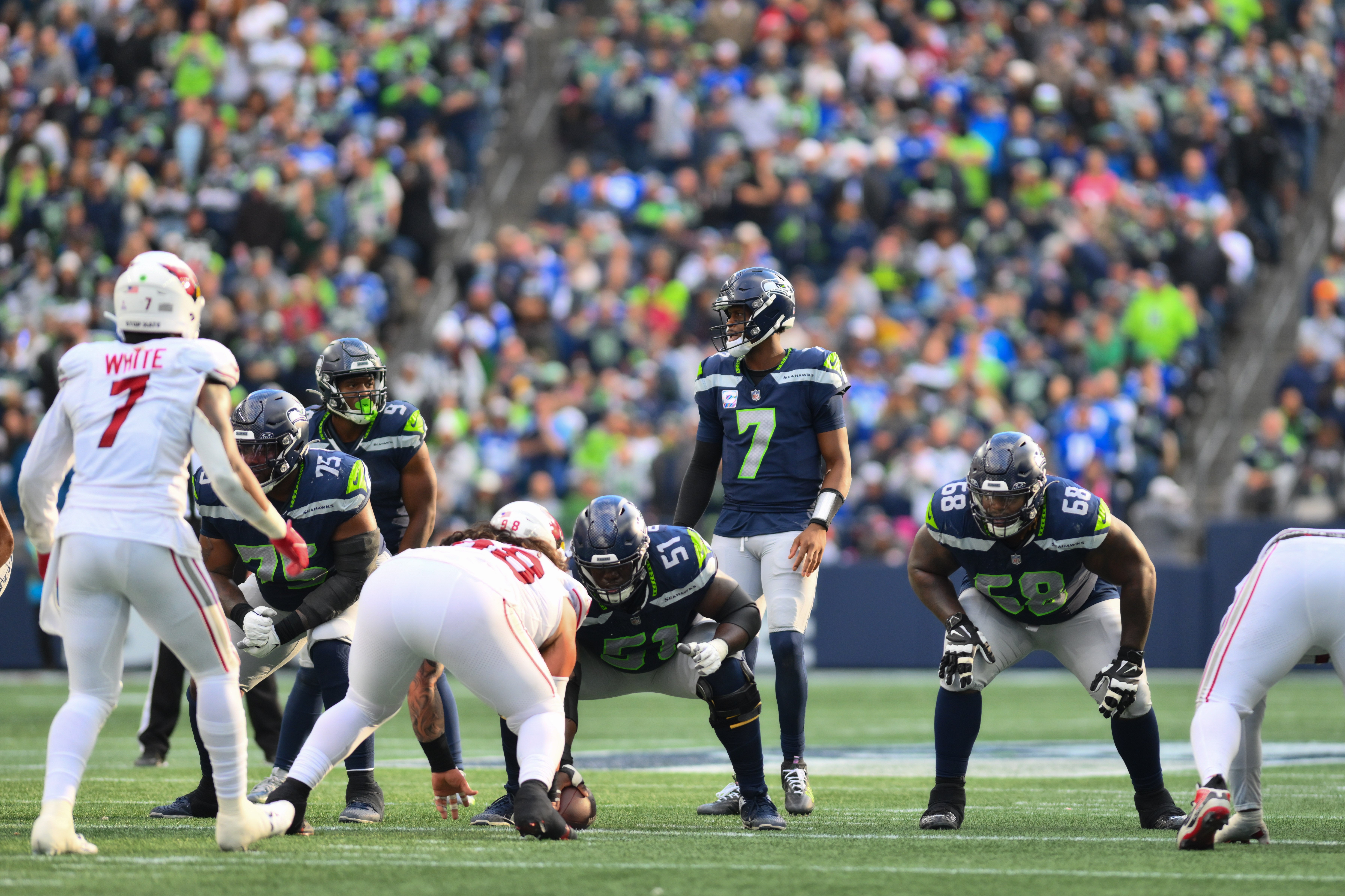 Seattle Seahawks quarterback Geno Smith (7) during the second half against the Arizona Cardinals at Lumen Field.