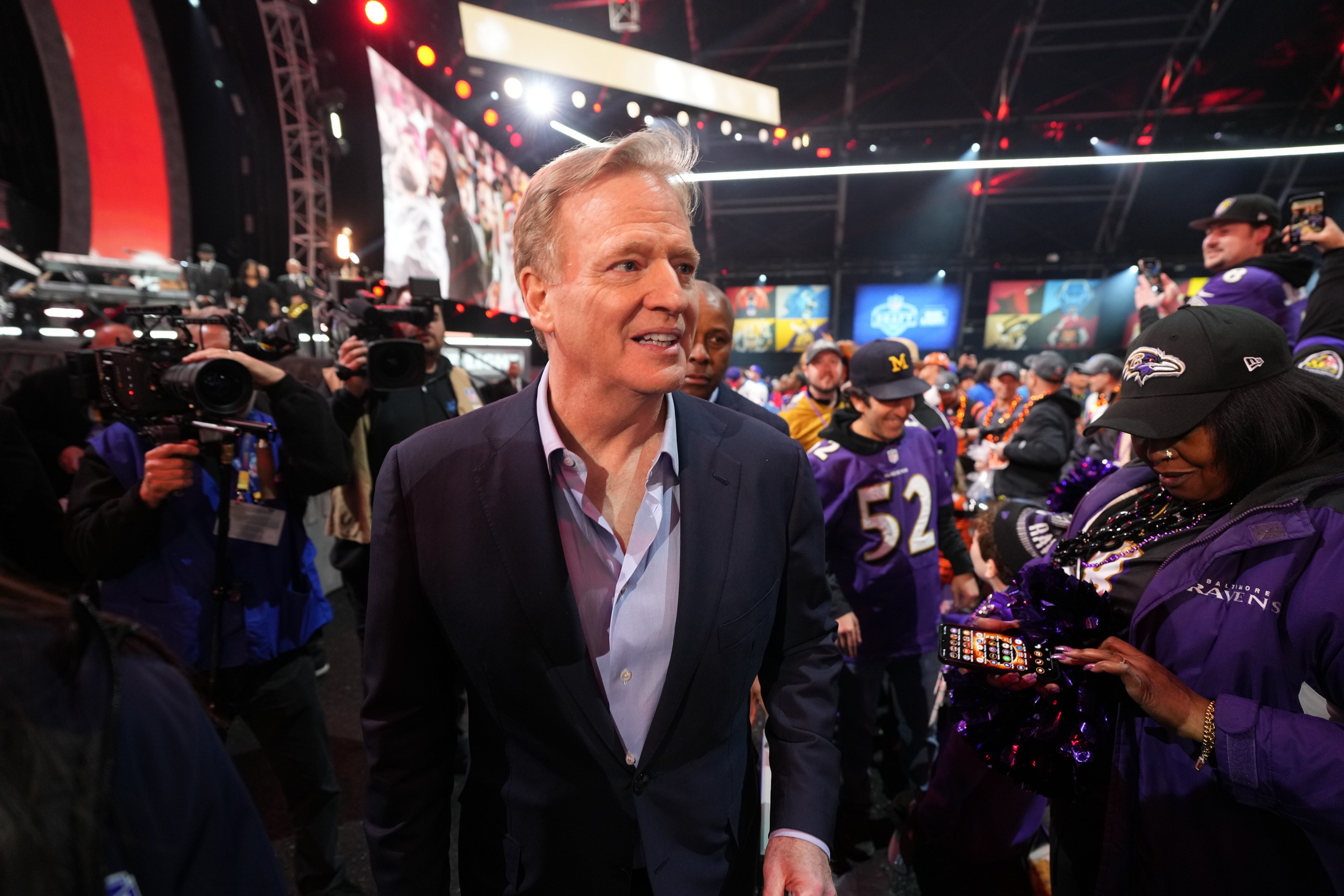 Apr 25, 2024; Detroit, MI, USA; NFL commissioner Roger Goodell walks through the crowd during the 2024 NFL Draft at Campus Martius Park and Hart Plaza.