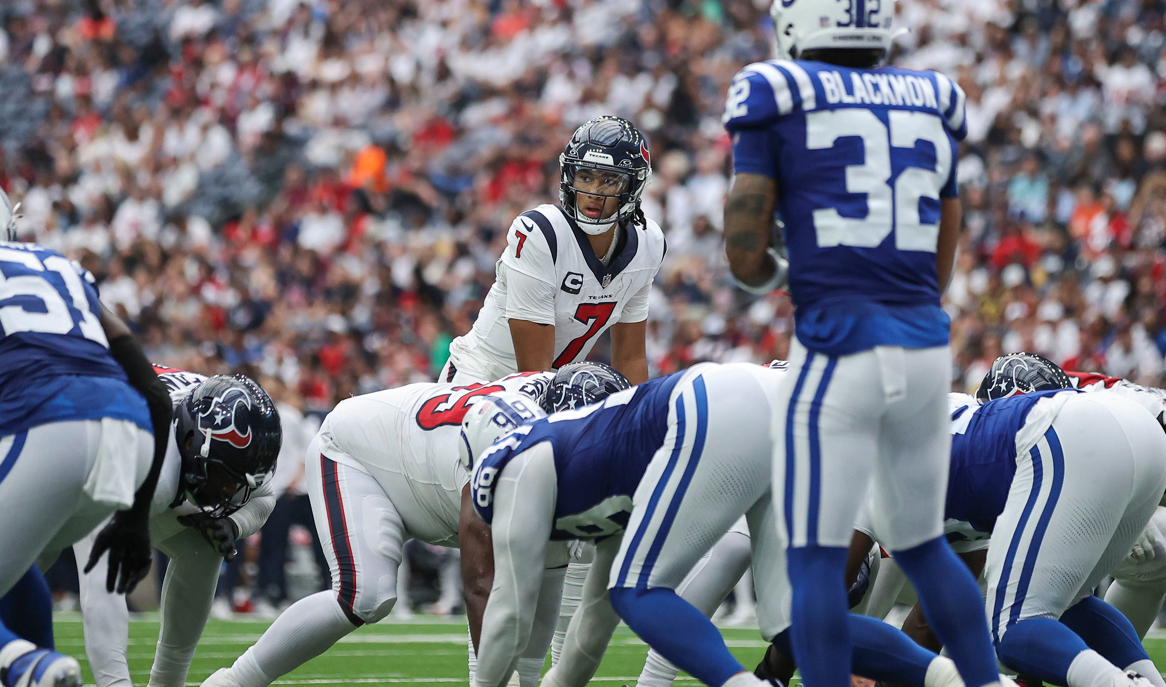Sep 17, 2023; Houston, Texas, USA; Houston Texans quarterback C.J. Stroud (7) at the line of scrimmage during the third quarter against the Indianapolis Colts at NRG Stadium.