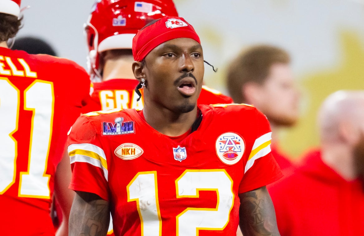Feb 11, 2024; Paradise, Nevada, USA; Kansas City Chiefs wide receiver Mecole Hardman (12) against the San Francisco 49ers in Super Bowl LVIII at Allegiant Stadium.