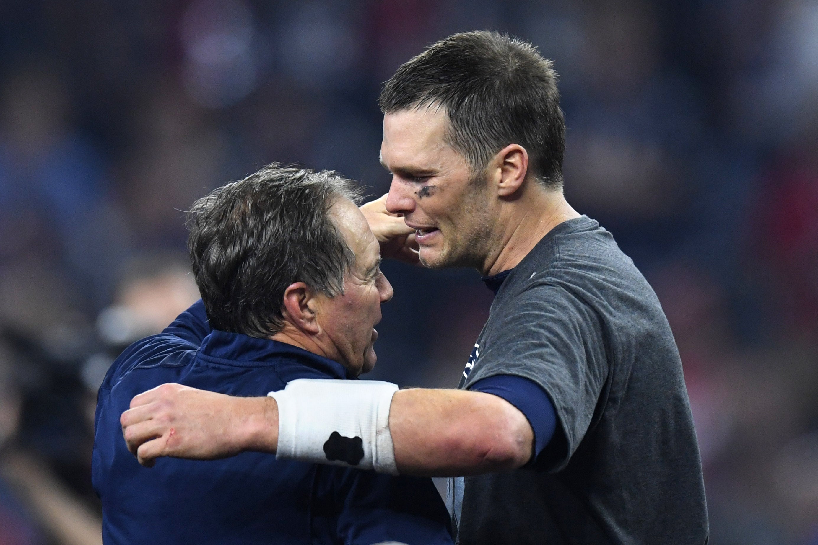 Feb 5, 2017; Houston, TX, USA; New England Patriots quarterback Tom Brady (12) celebrates with Patriots head coach Bill Belichick after winning Super Bowl LI at NRG Stadium