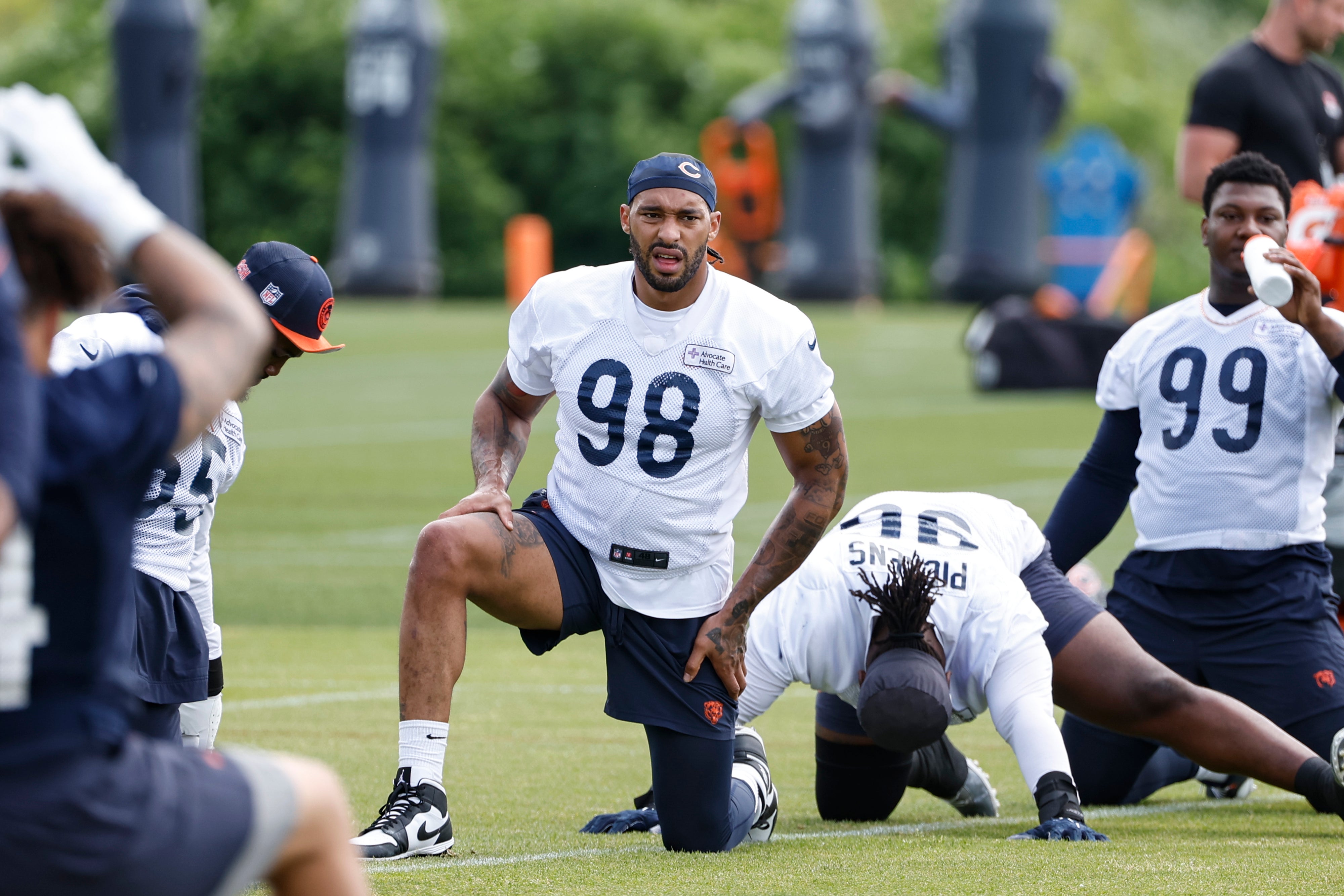 Jun 5, 2024; Lake Forest, IL, USA; Chicago Bears defensive end Montez Sweat (98) looks on during the team's minicamp at Halas Hall.
