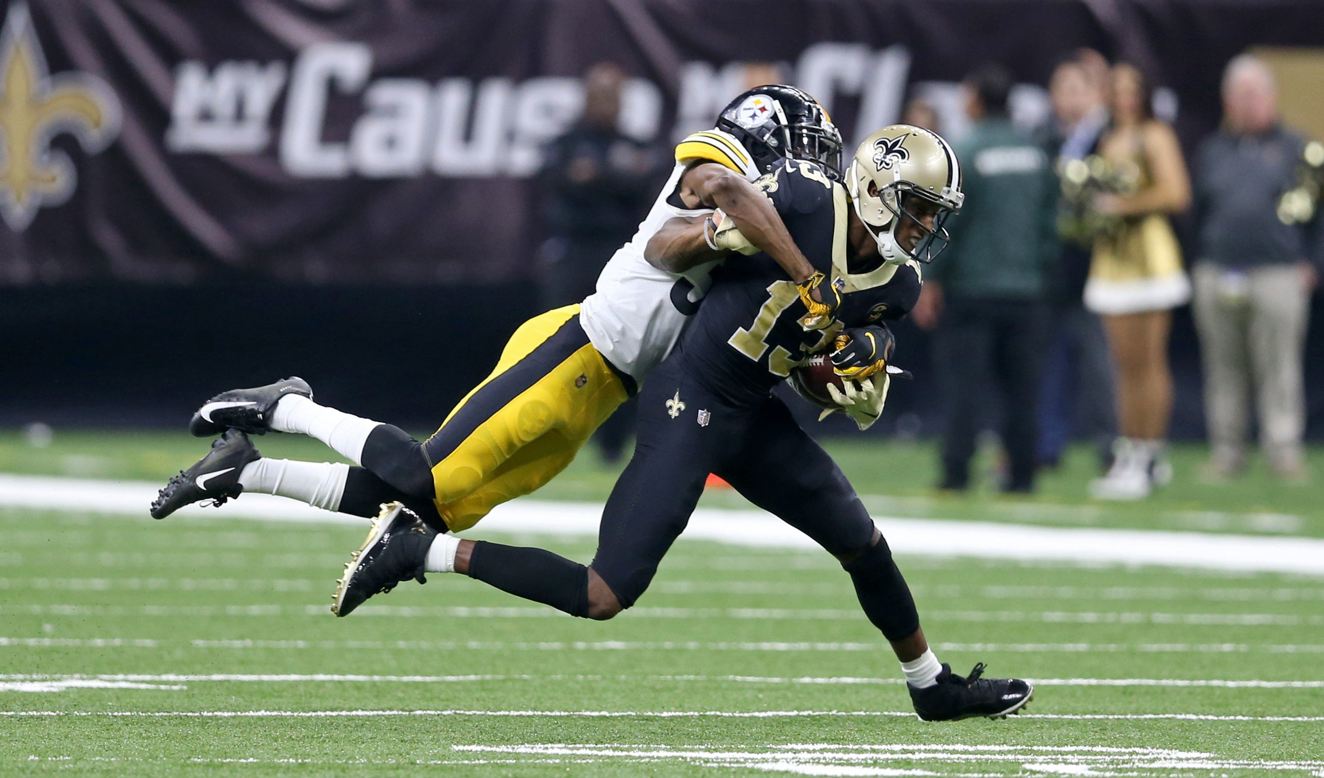 Dec 23, 2018; New Orleans, LA, USA; New Orleans Saints wide receiver Michael Thomas (13) is tacked by Pittsburgh Steelers strong safety Terrell Edmunds (34) in the second quarter at the Mercedes-Benz Superdome. Mandatory Credit: Chuck Cook-USA TODAY Sports