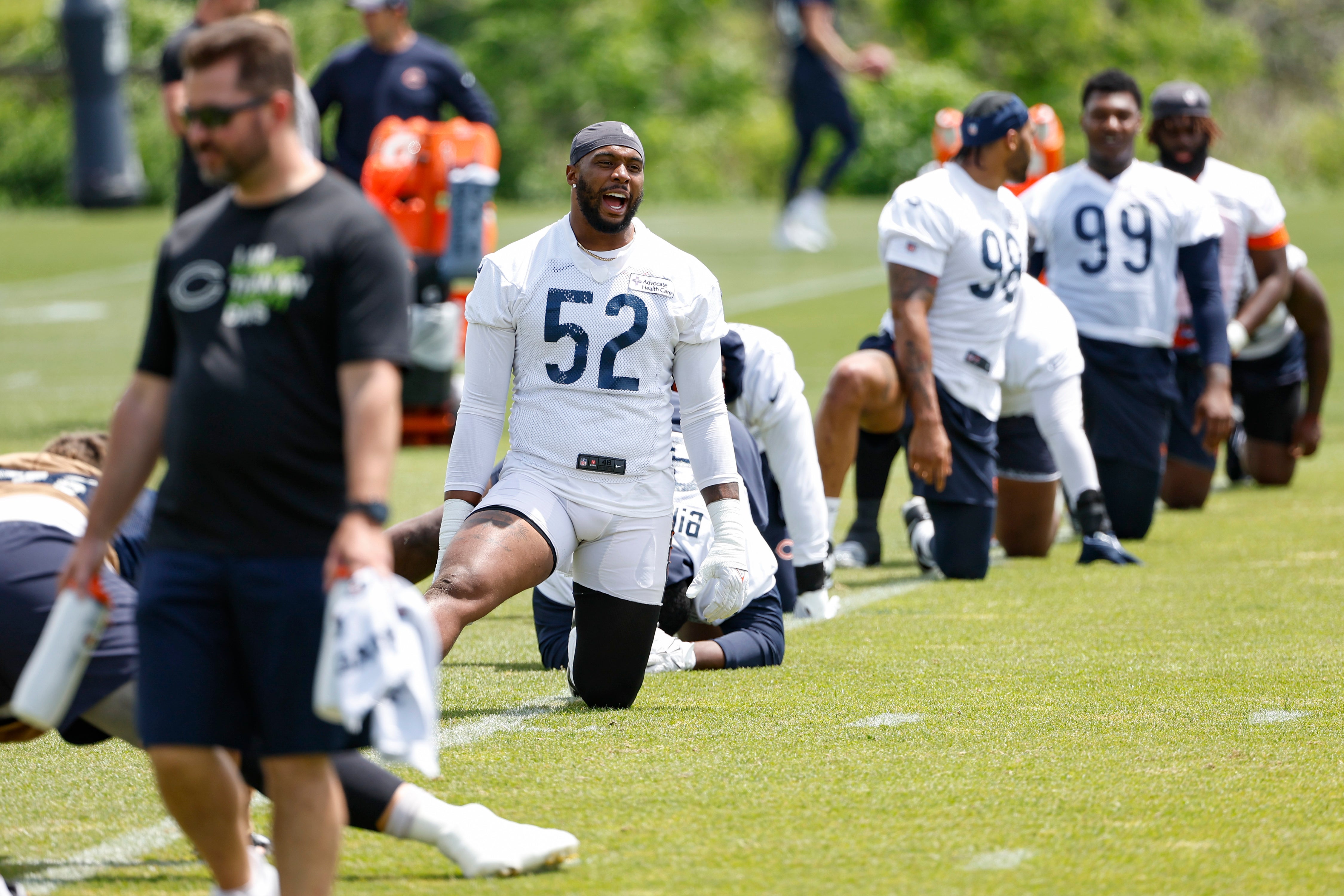 Jun 5, 2024; Lake Forest, IL, USA; Chicago Bears defensive end Khalid Kareem (52) yells during the team's minicamp at Halas Hall.