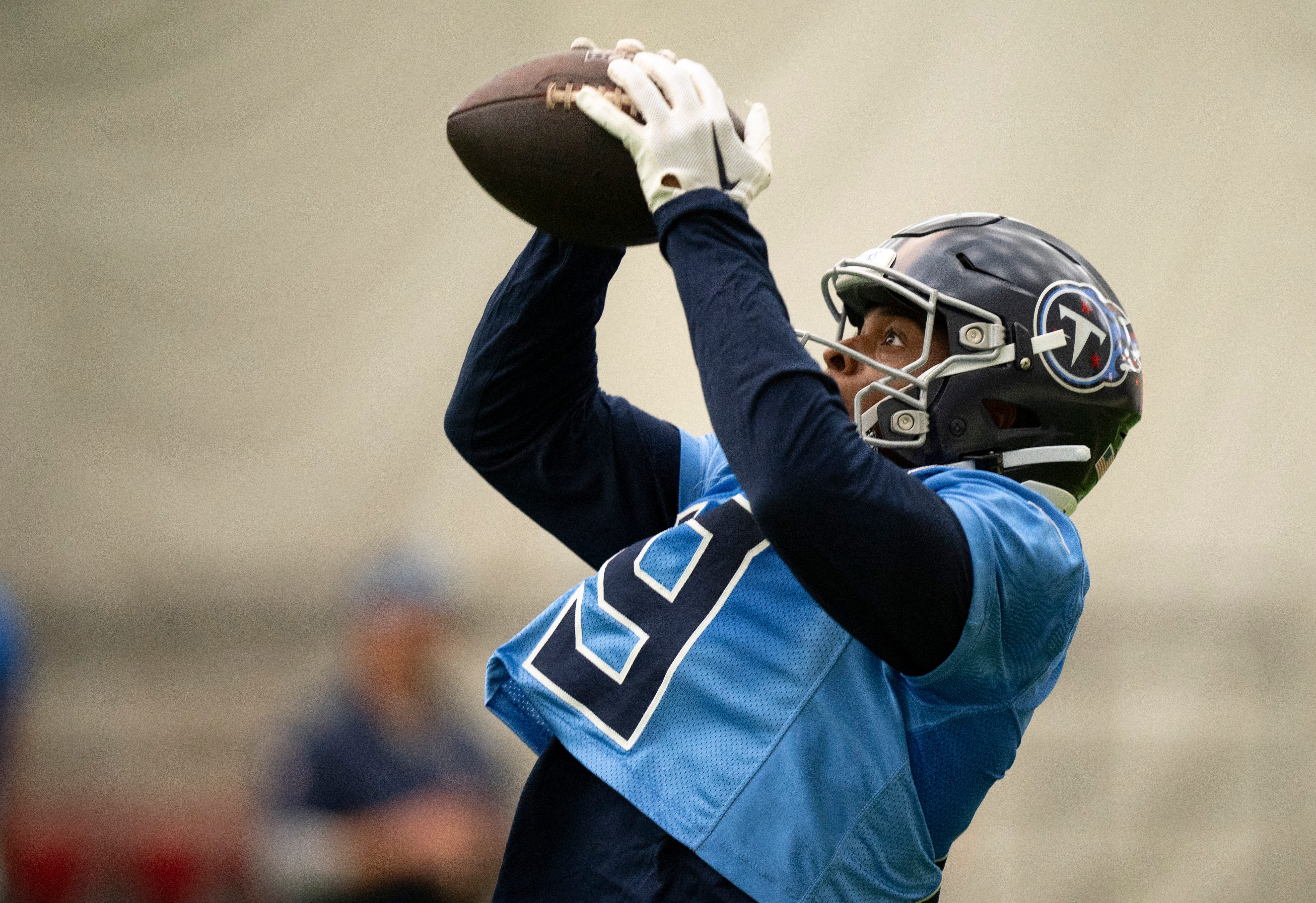 Wide receiver Jha'Quan Jackson (19) hauls in a pass during the Tennessee Titans mandatory mini-camp at Ascension Saint Thomas Sports Park in Nashville, Tenn., Tuesday, June 4, 2024.