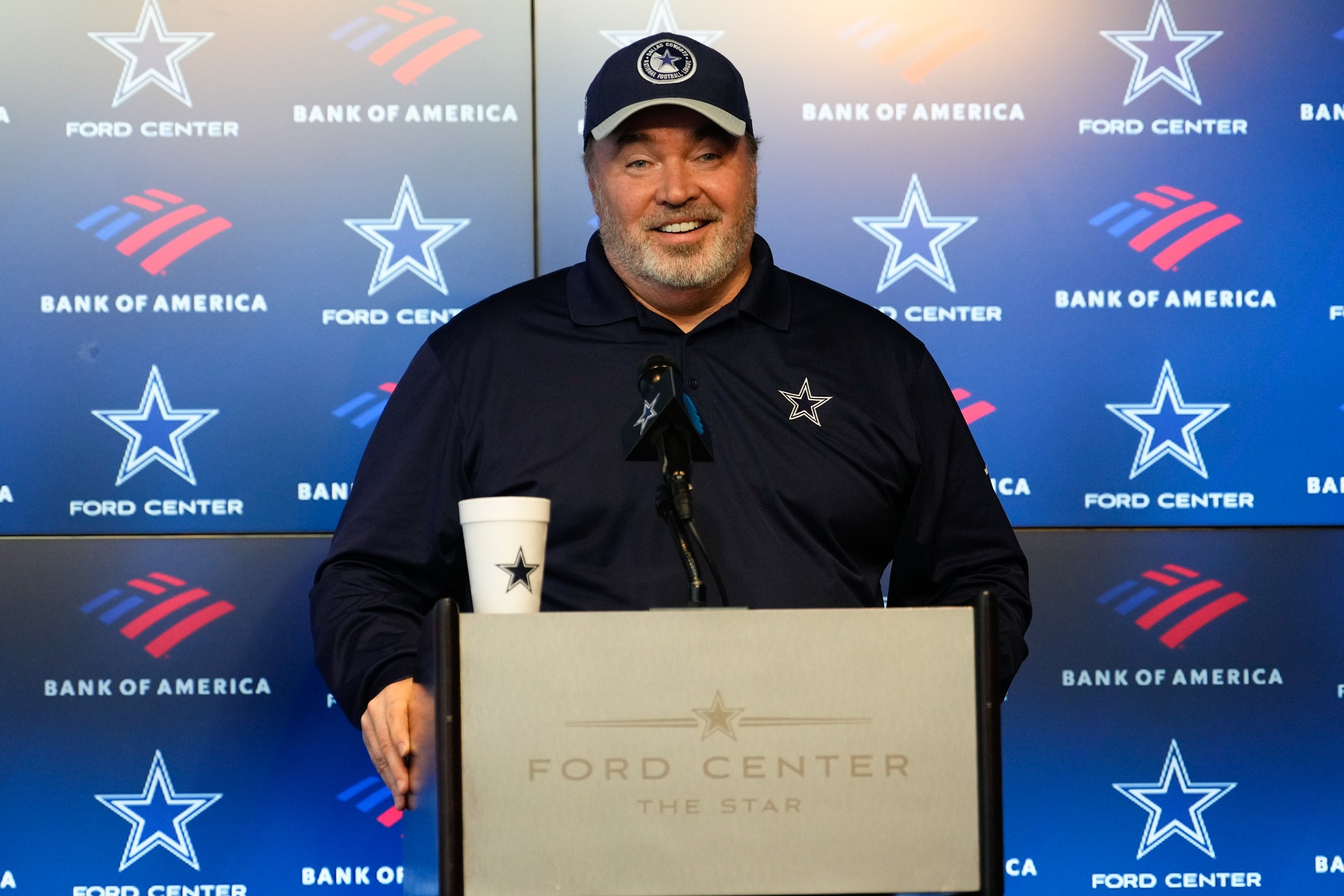 Dallas Cowboys head coach Mike McCarthy addresses the media before practice at the Ford Center at the Star Training Facility in Frisco, Texas.