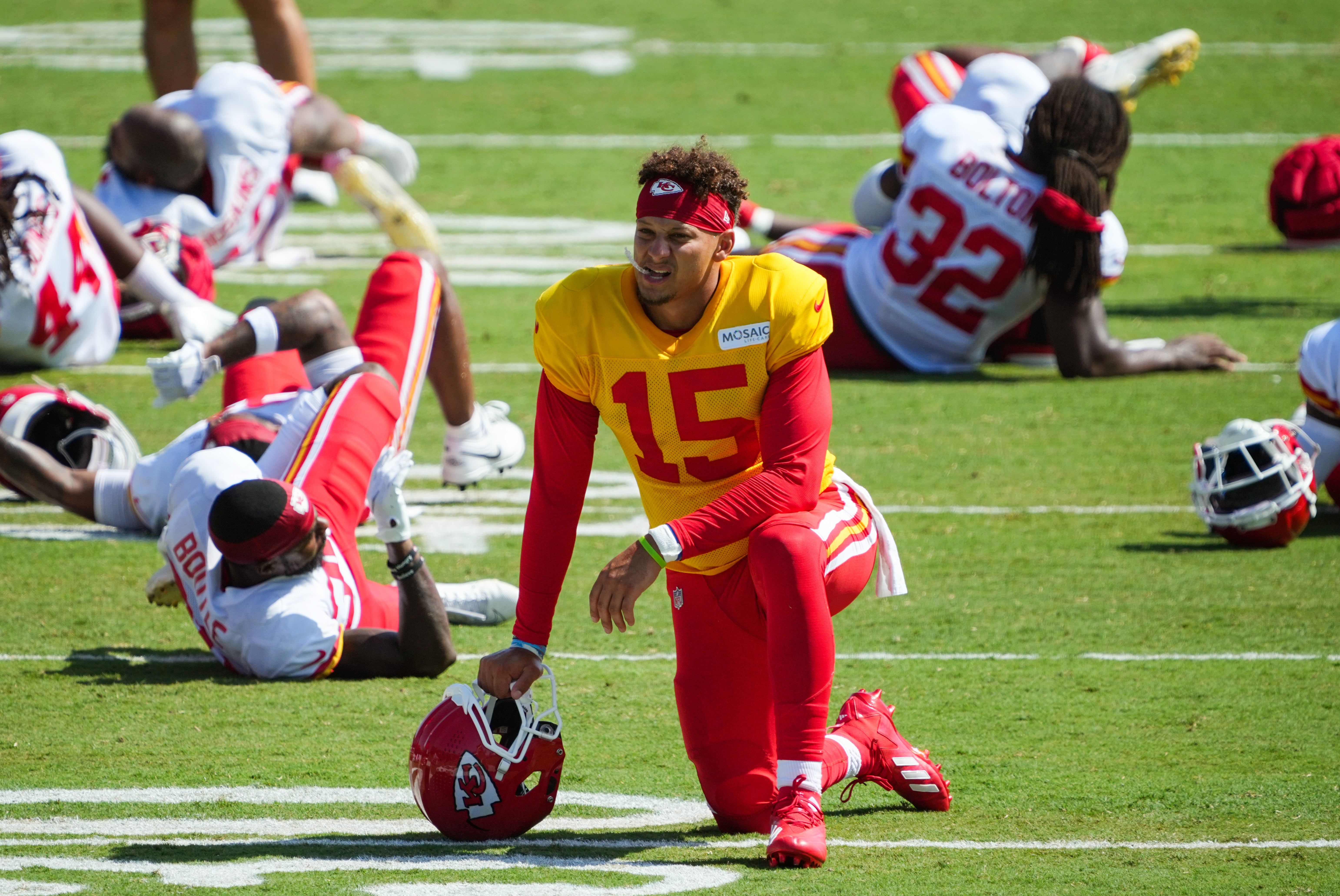 Jul 28, 2023; St. Joseph, MO, USA; Kansas City Chiefs quarterback Patrick Mahomes (15) during training camp at Missouri Western State University.