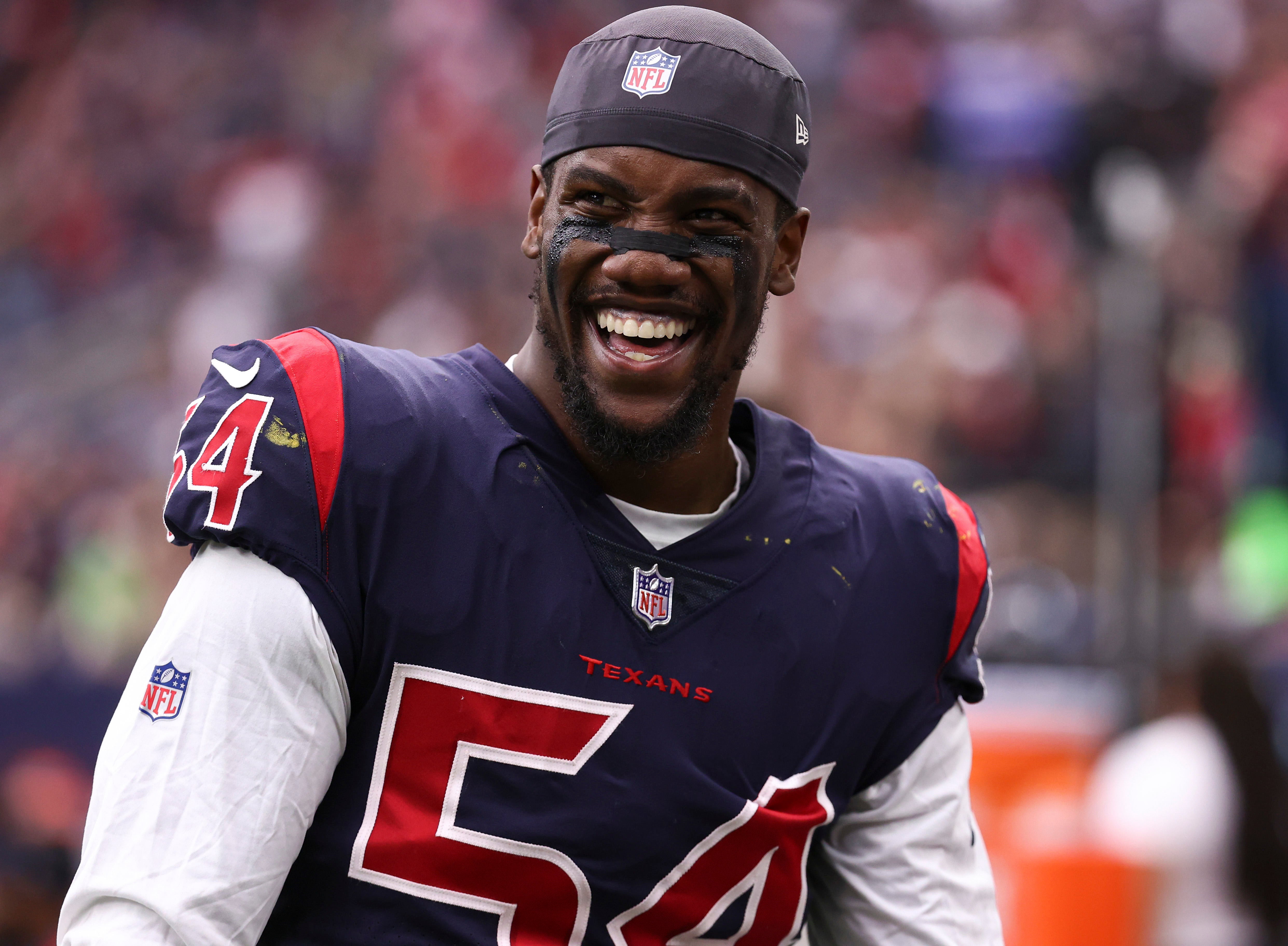 Dec 26, 2021; Houston, Texas, USA; Houston Texans defensive end Jake Martin (54) smiles during the game against the Los Angeles Chargers at NRG Stadium.