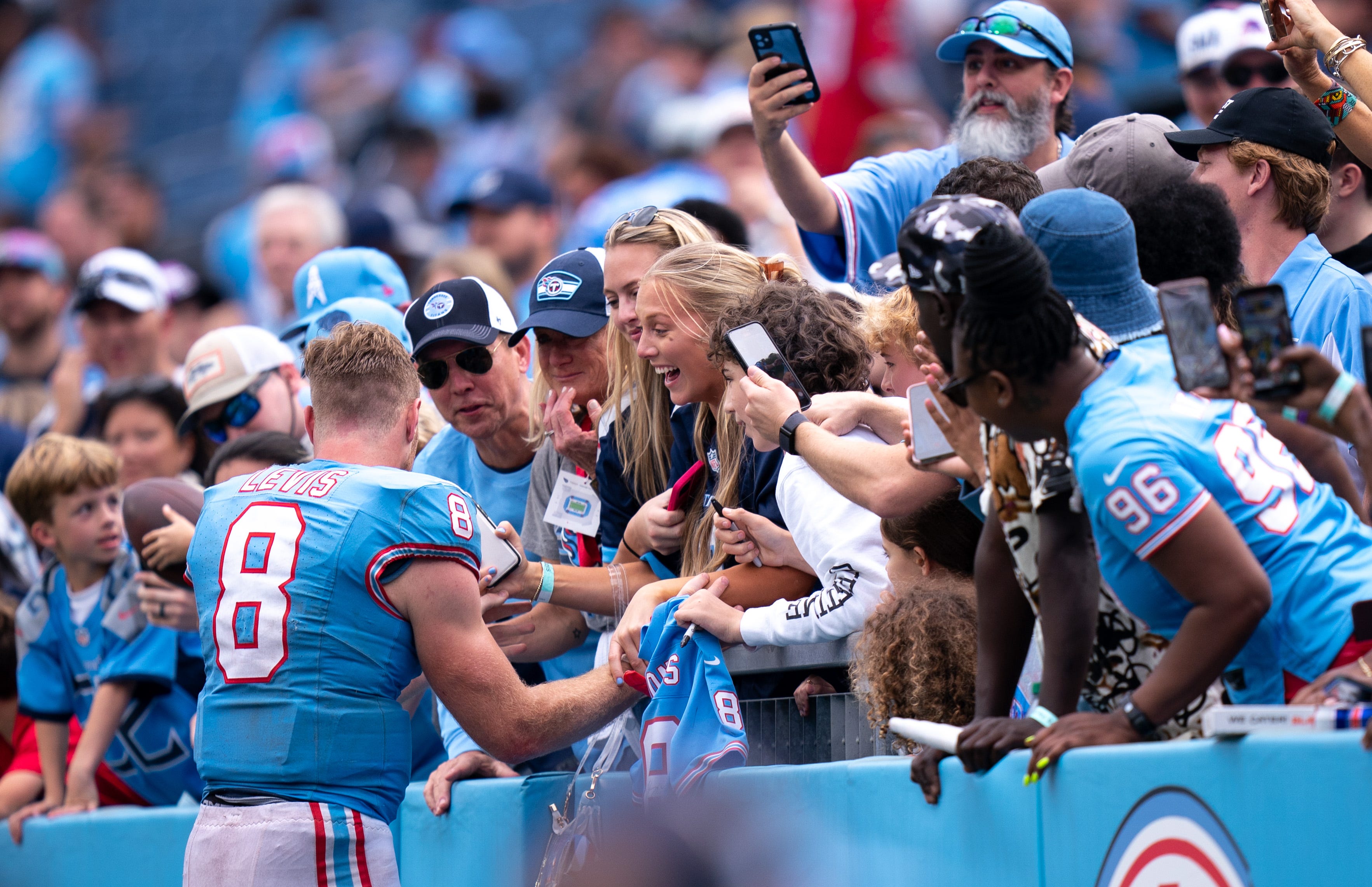 First-time starter Tennessee Titans quarterback Will Levis (8) celebrates with fans after defeating the Atlanta Falcons 28-23 at Nissan Stadium in Nashville, Tenn., Sunday, Oct. 29, 2023. Levis threw ... Denny Simmons / The Tennessean-USA TODAY NETWORK