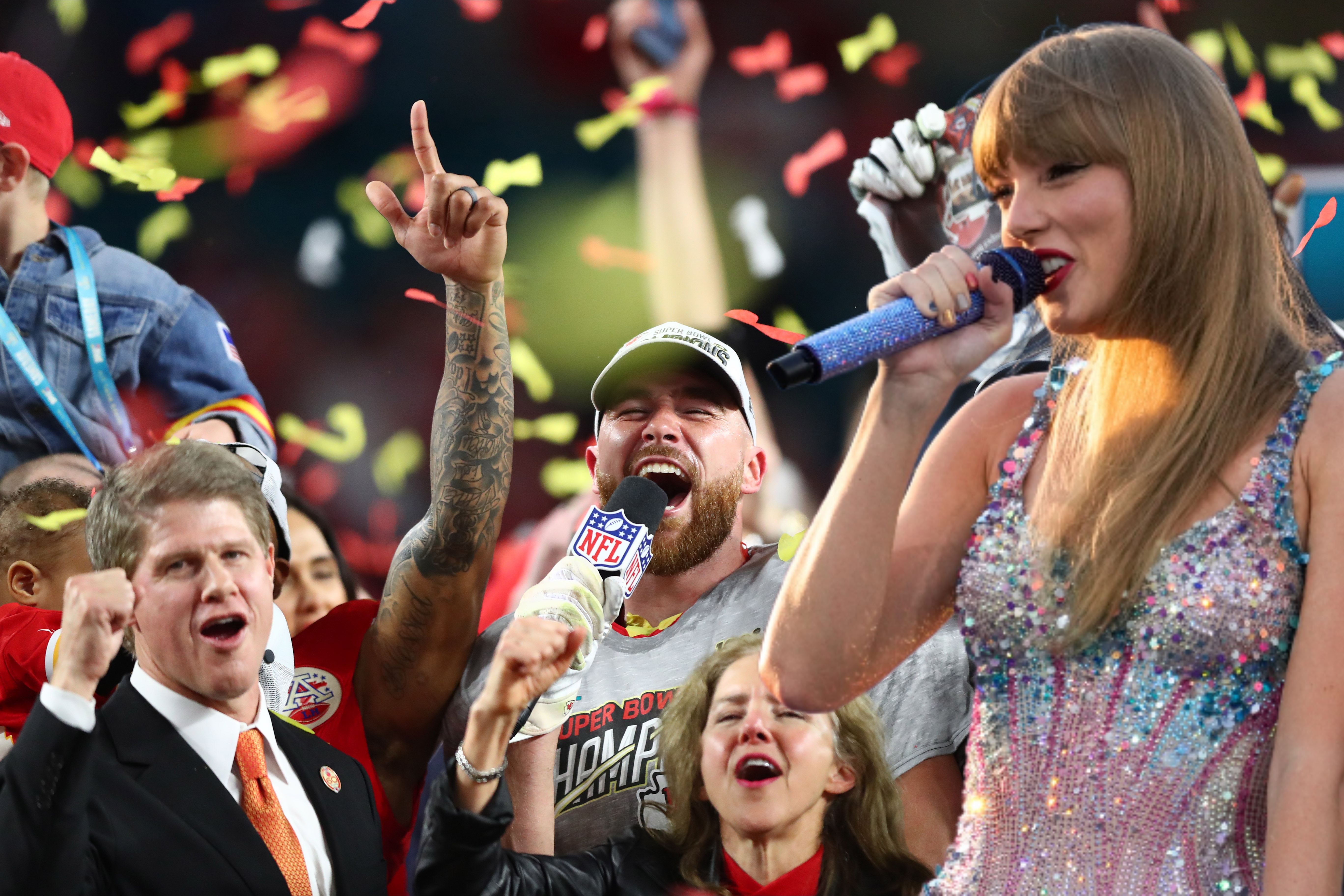 Chiefs owner Clark Hunt, tight end Travis Kelce, and singer Taylor Swift