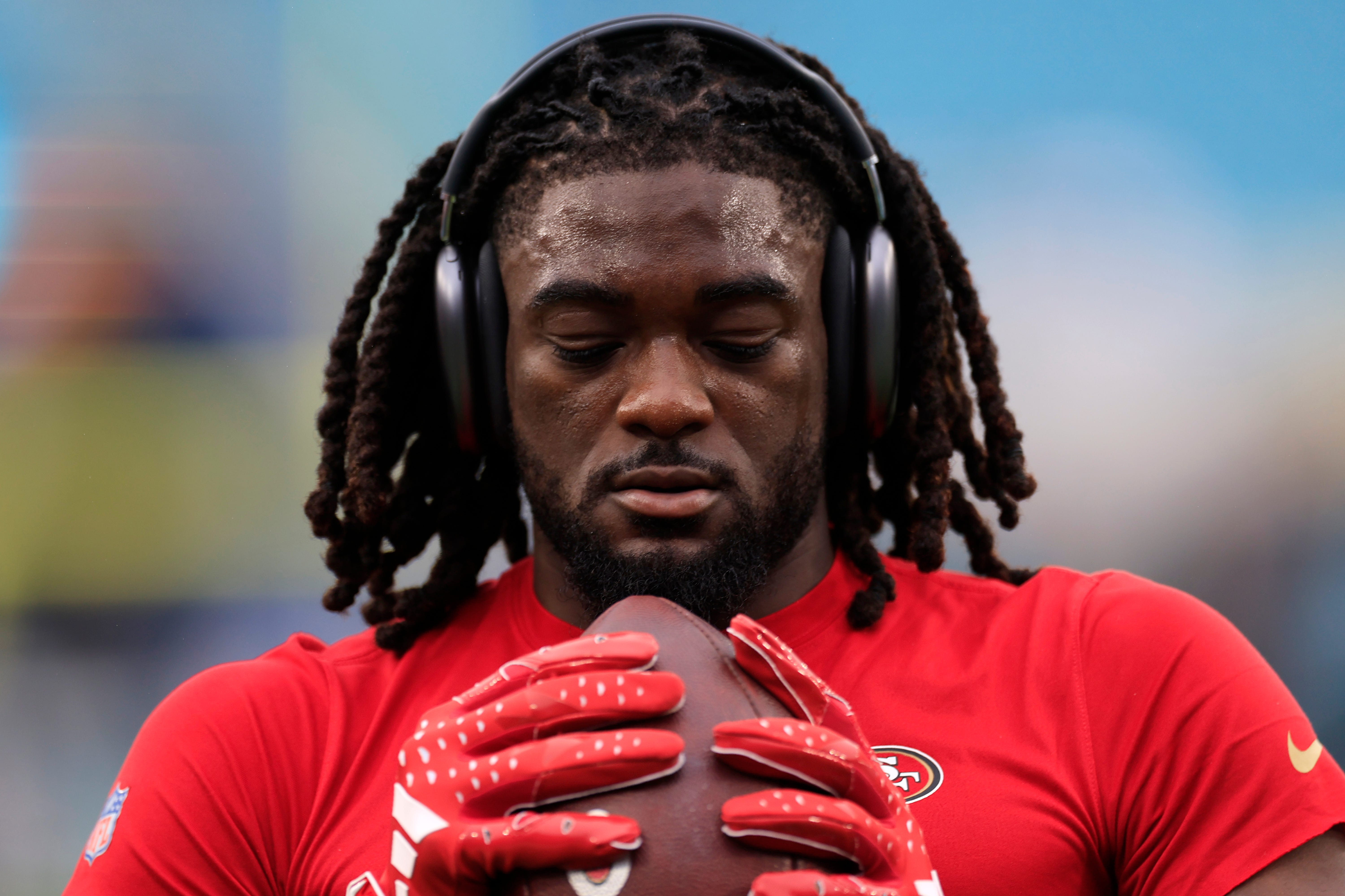 San Francisco 49ers wide receiver Brandon Aiyuk (11) prepares before an NFL football game Sunday, Nov. 12, 2023 at EverBank Stadium in Jacksonville, Fla