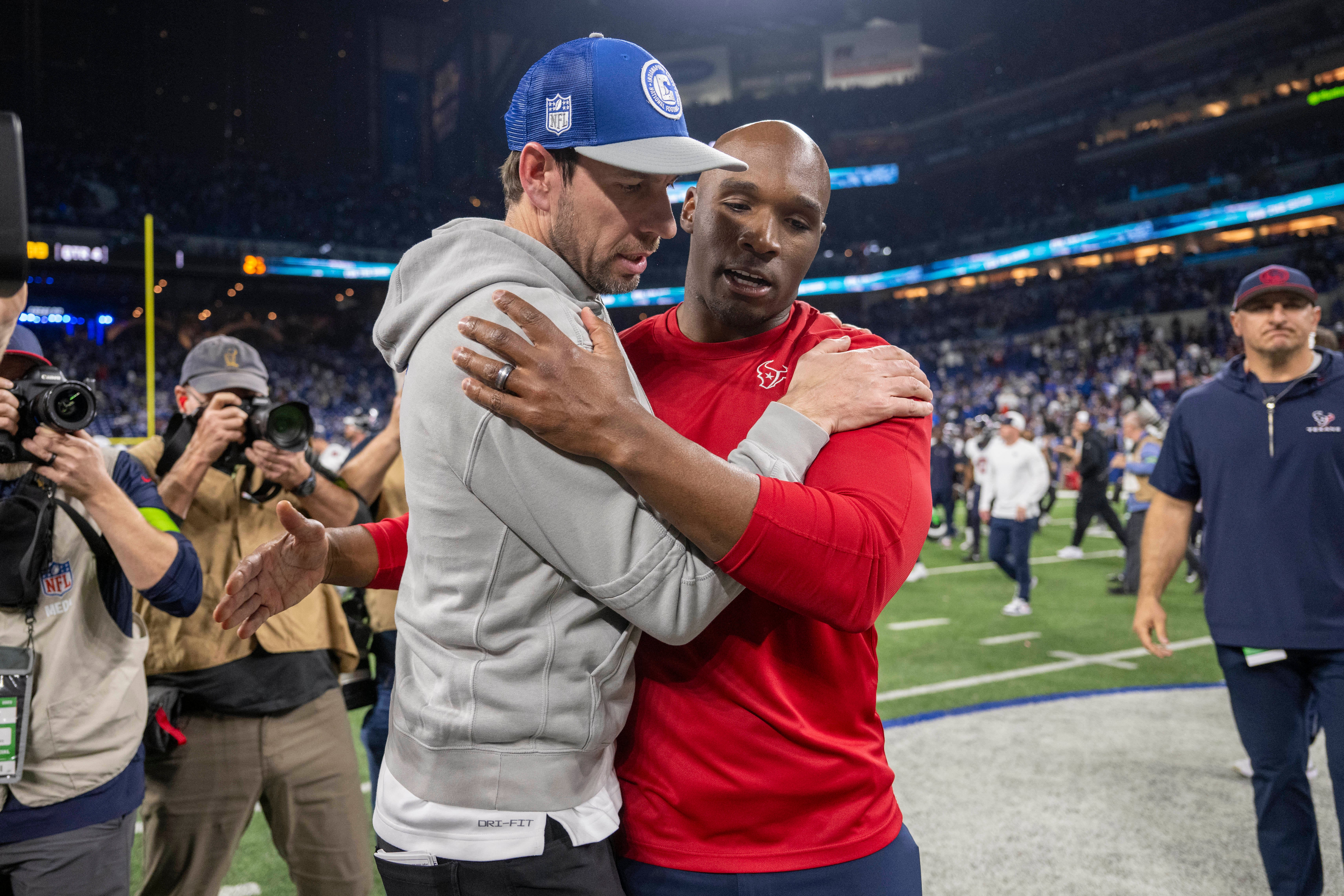 Jan 6, 2024; Indianapolis, Indiana, USA; Houston Texans head coach DeMeco Ryans shares an embrace with Indianapolis Colts head coach Shane Steichen after a game at Lucas Oil Stadium.