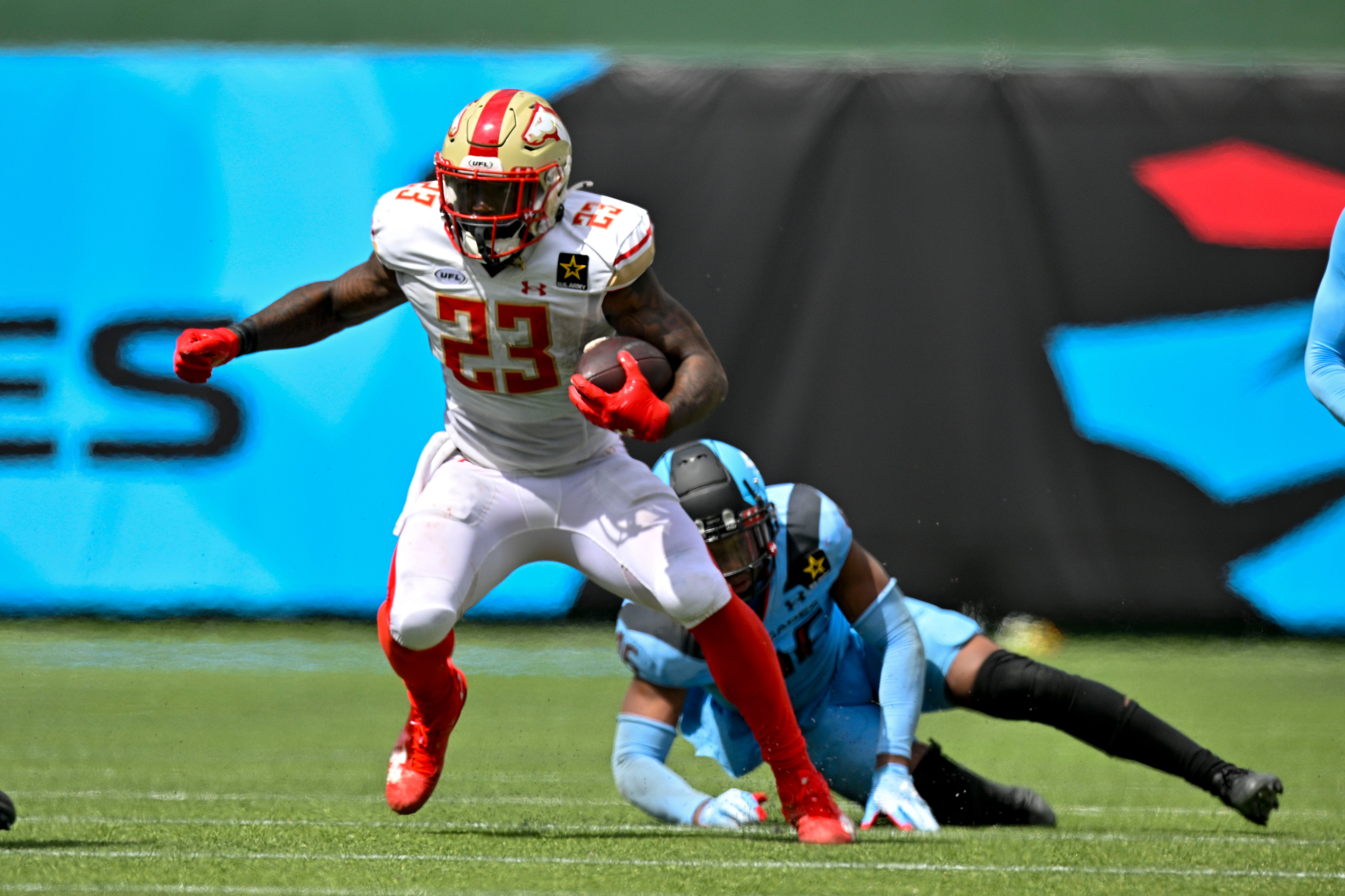 Mar 30, 2024; Arlington, TX, USA; Birmingham Stallions running back Ricky Person (23) runs with the ball against the Arlington Renegades during the second half at Choctaw Stadium. Mandatory Credit: