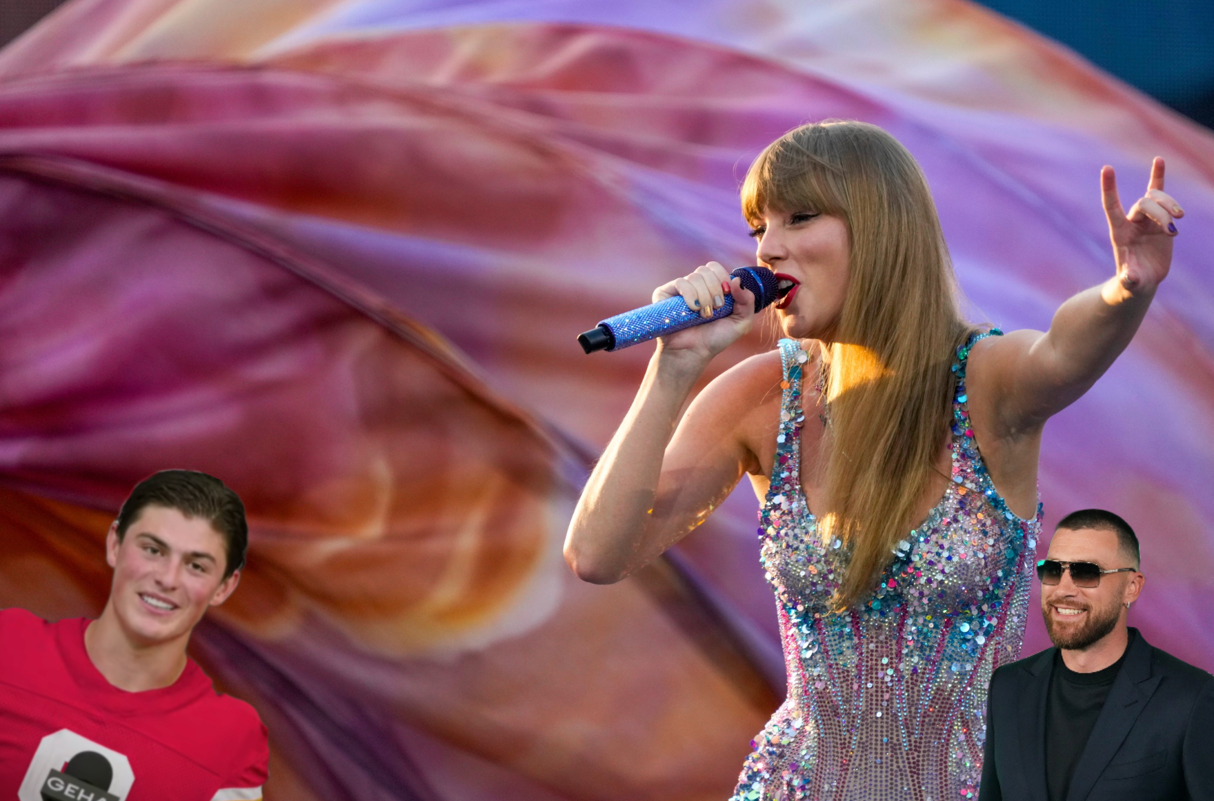 Taylor Swift performing her Eras Tour with Travis Kelce's teammate Louis Rees-Zammit attending in London