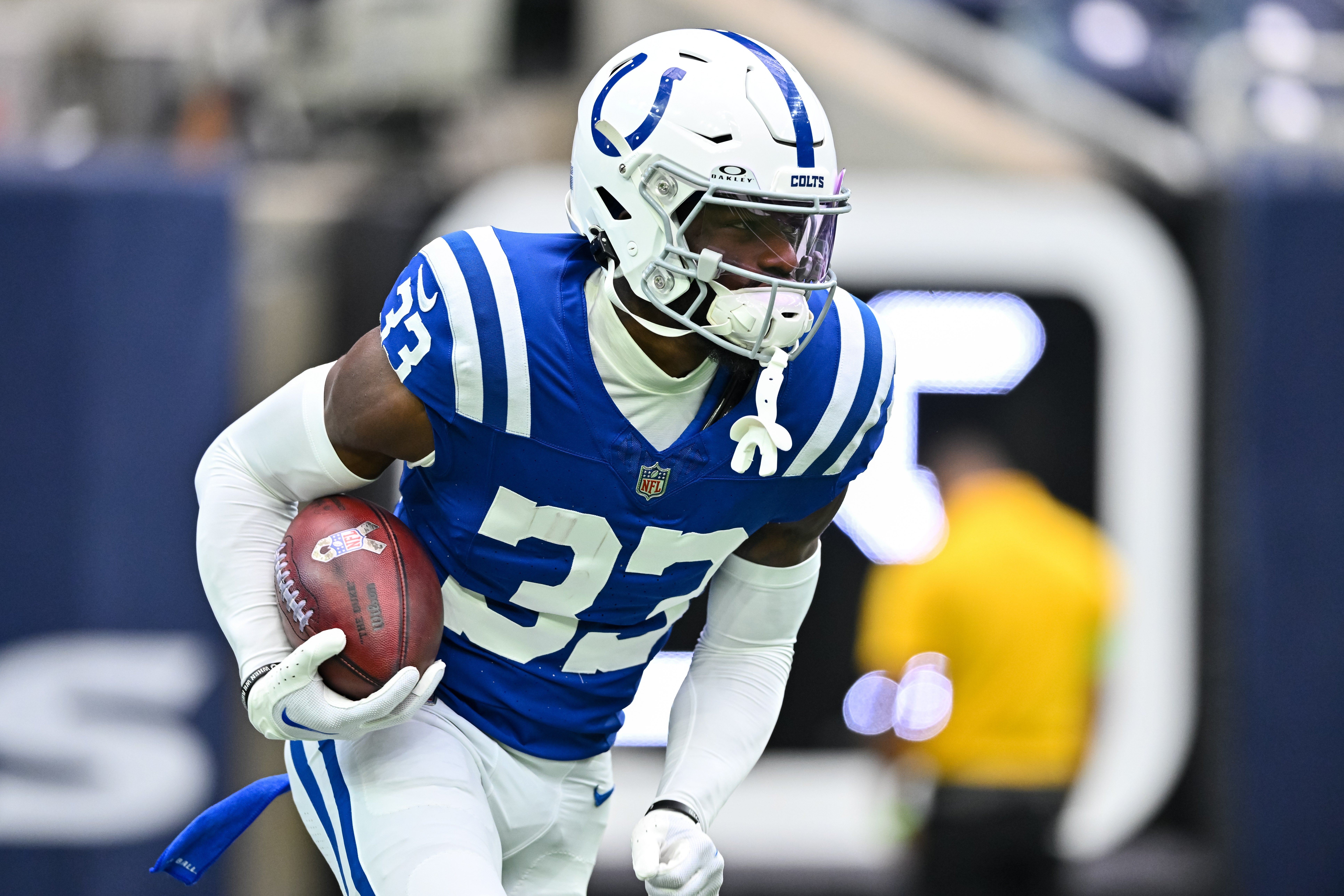 Sep 17, 2023; Houston, Texas, USA; Indianapolis Colts cornerback Dallis Flowers (33) carries the ball during warm ups prior to the game against the Houston Texans at NRG Stadium.