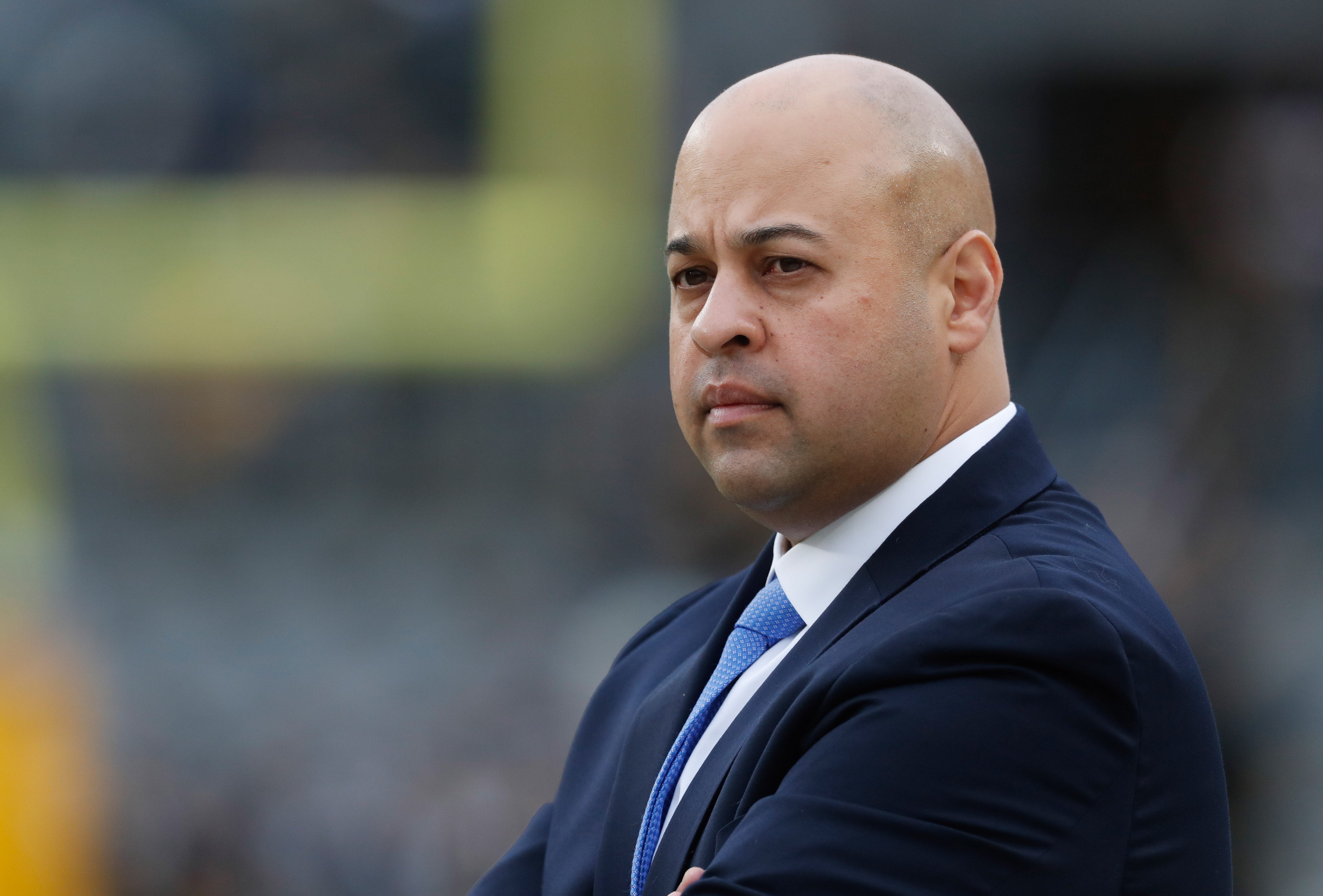 Oct 2, 2022; Pittsburgh, Pennsylvania, USA; Pittsburgh Steelers general manager Omar Khan looks on before the Steelers play the New York Jets at Acrisure Stadium. Mandatory Credit: Charles LeClaire-USA TODAY Sports