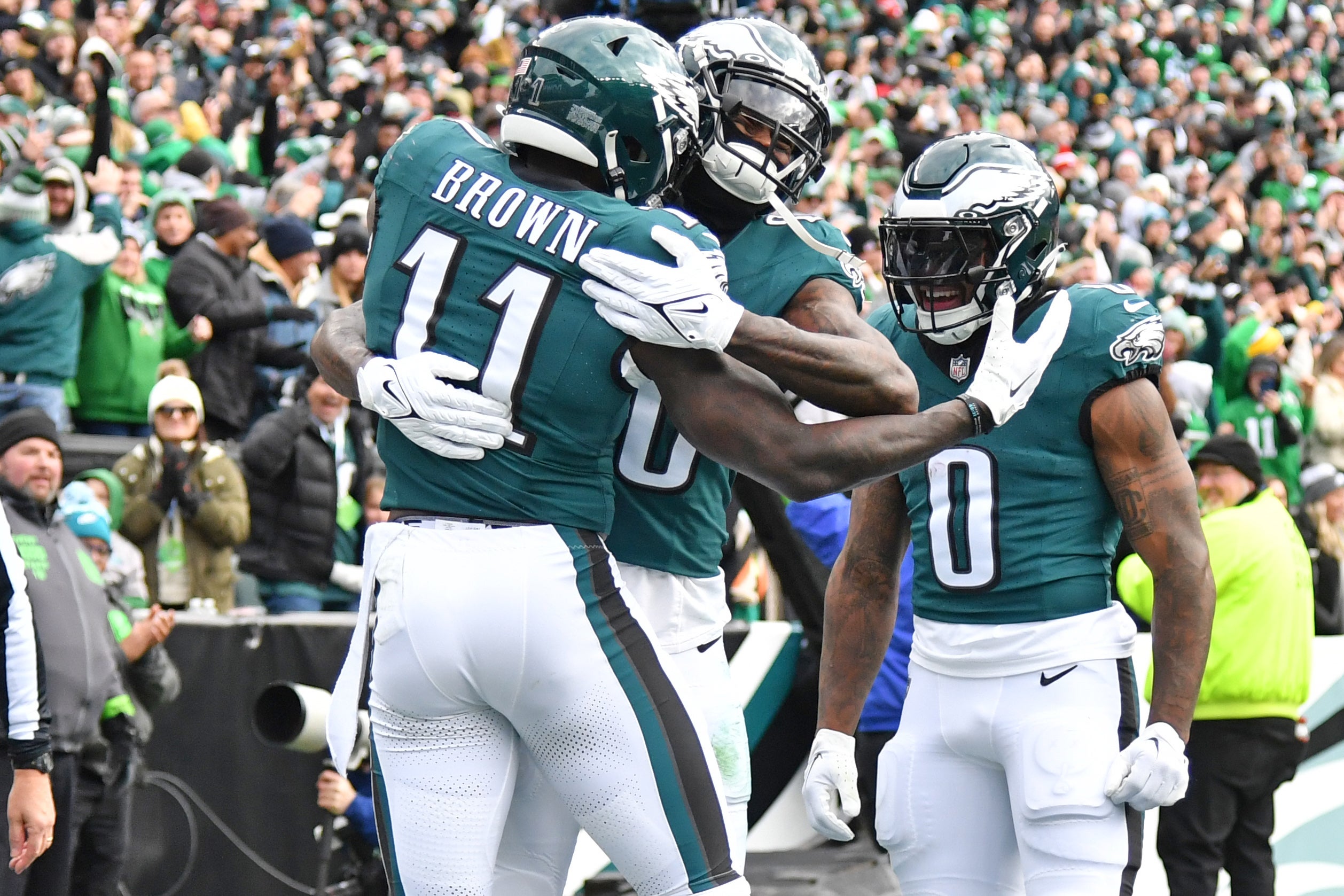 Dec 31, 2023; Philadelphia, Pennsylvania, USA; Philadelphia Eagles wide receiver Julio Jones (80) celebrates his 12-yard touchdown with wide receiver A.J. Brown (11) against the Arizona Cardinals during the first quarter at Lincoln Financial Field.