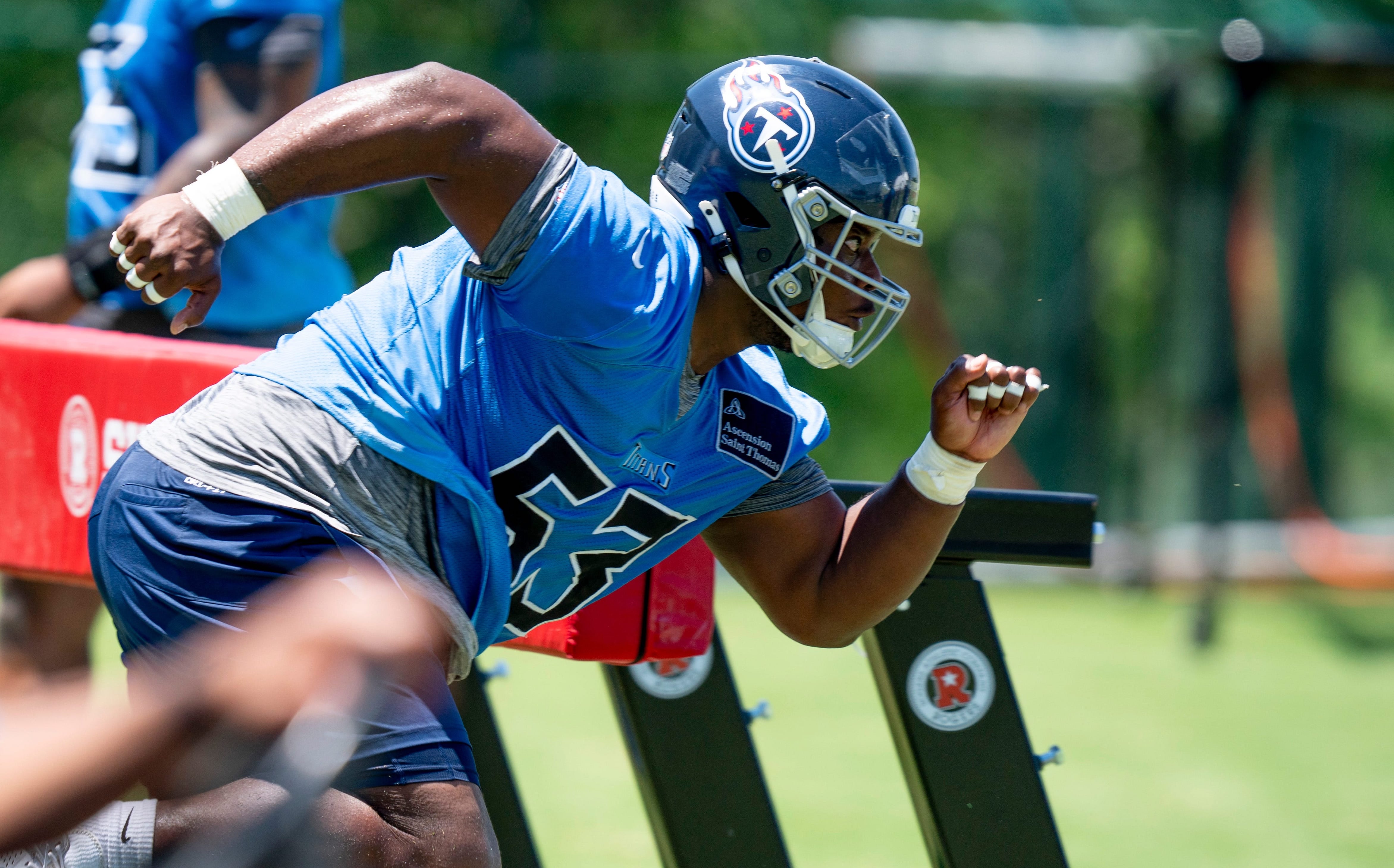 Offensive lineman Saahdiq Charles (53) runs drills during Tennessee Titans practice at Ascension Saint Thomas Sports Park in Nashville, Tenn., Tuesday, May 21, 2024 Denny Simmons / The Tennessean-USA TODAY NETWORK