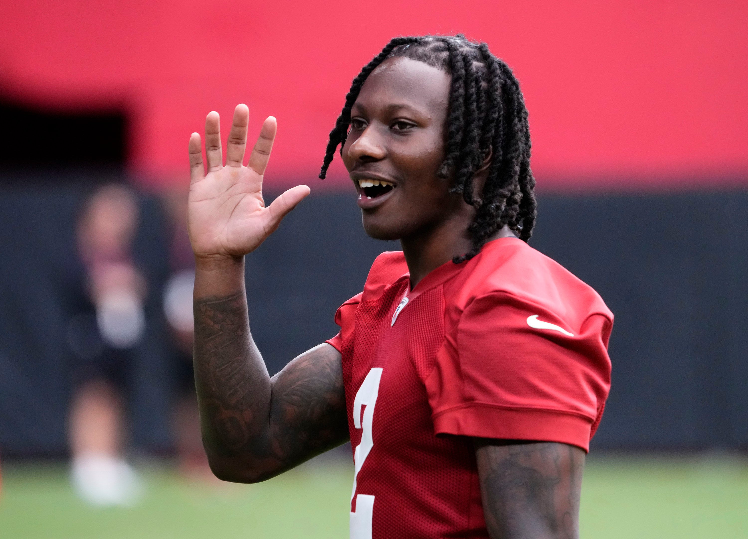 Jul 28, 2023; Glendale, AZ, USA; Arizona Cardinals wide receiver Marquise Brown (2) waves to the fans during training camp at State Farm Stadium.