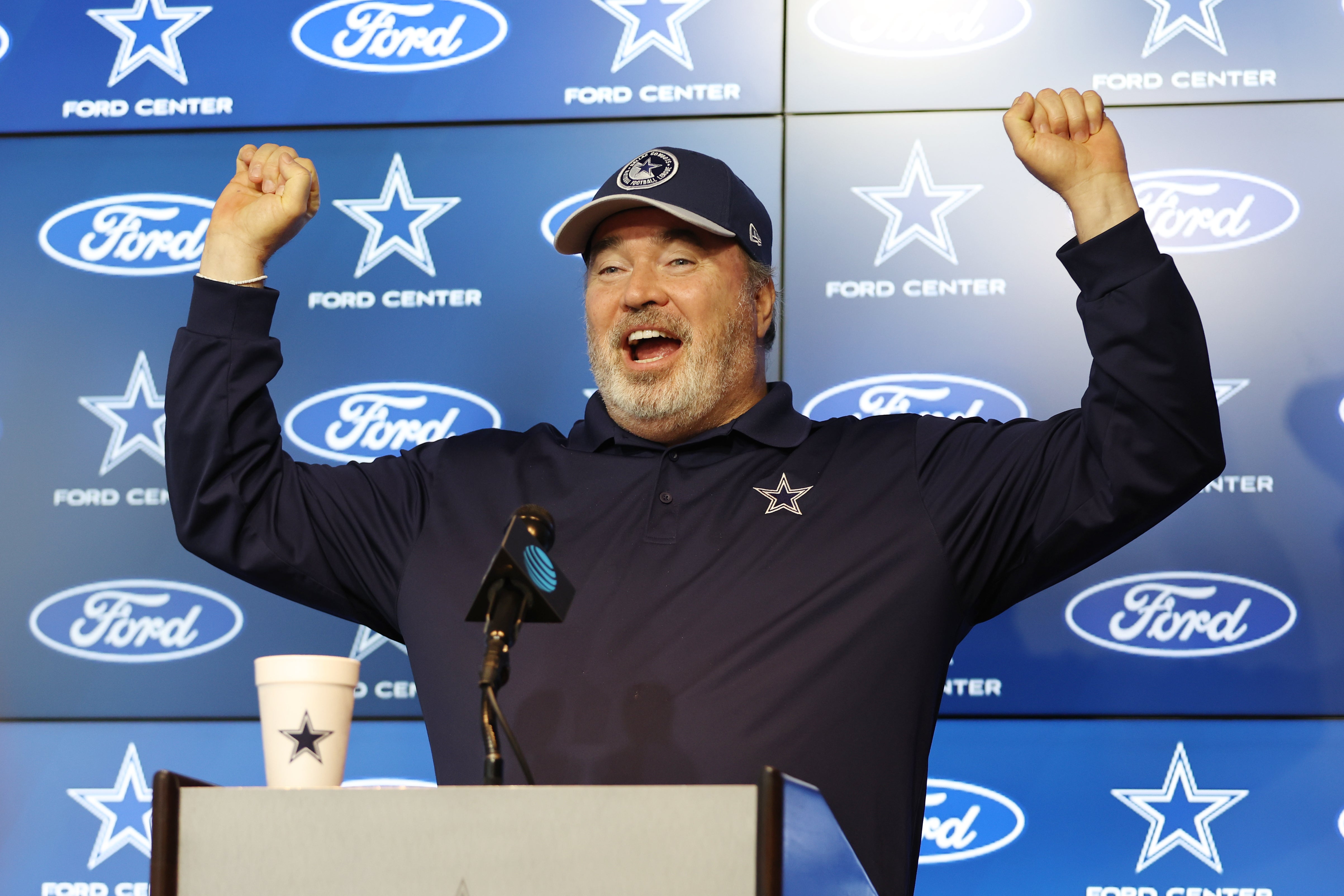 Dallas Cowboys head coach Mike McCarthy addresses the media before practice at the Ford Center at the Star Training Facility in Frisco, Texas.