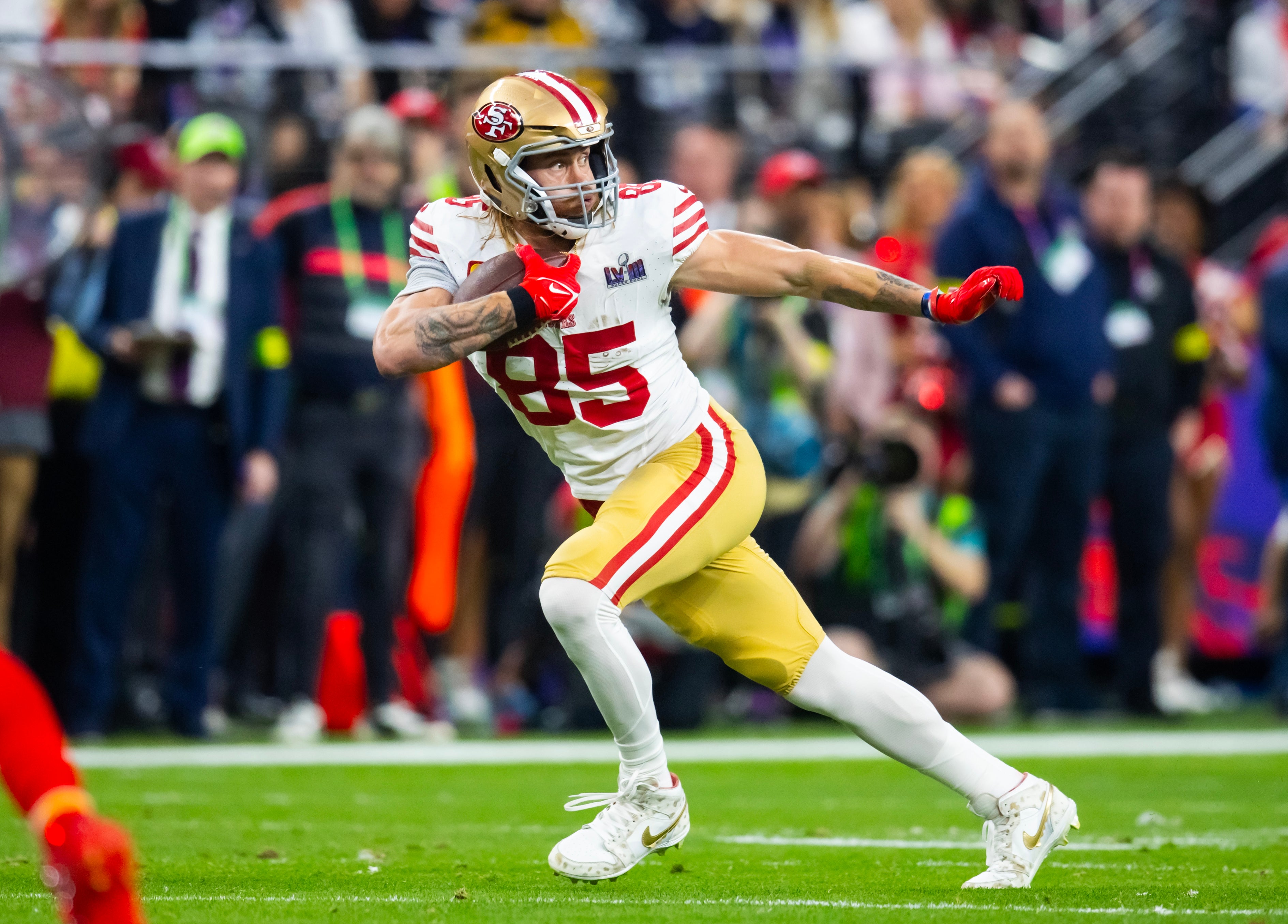 Feb 11, 2024; Paradise, Nevada, USA; San Francisco 49ers tight end George Kittle (85) against the Kansas City Chiefs in Super Bowl LVIII at Allegiant Stadium.
