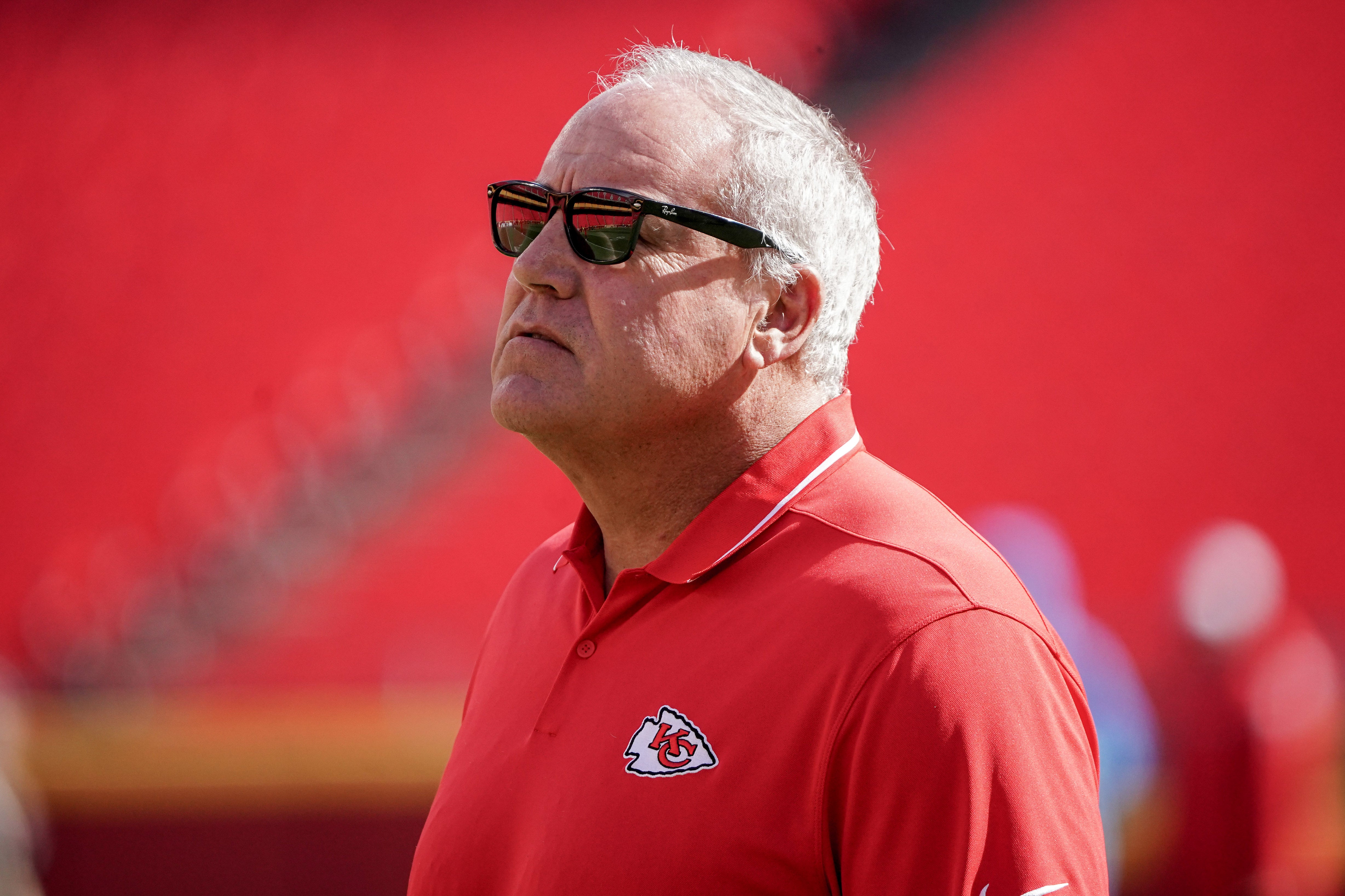 Oct 12, 2023; Kansas City, Missouri, USA; Kansas City Chiefs assistant head coach Dave Toub on field against the Los Angeles Chargers prior to a game at GEHA Field at Arrowhead Stadium.