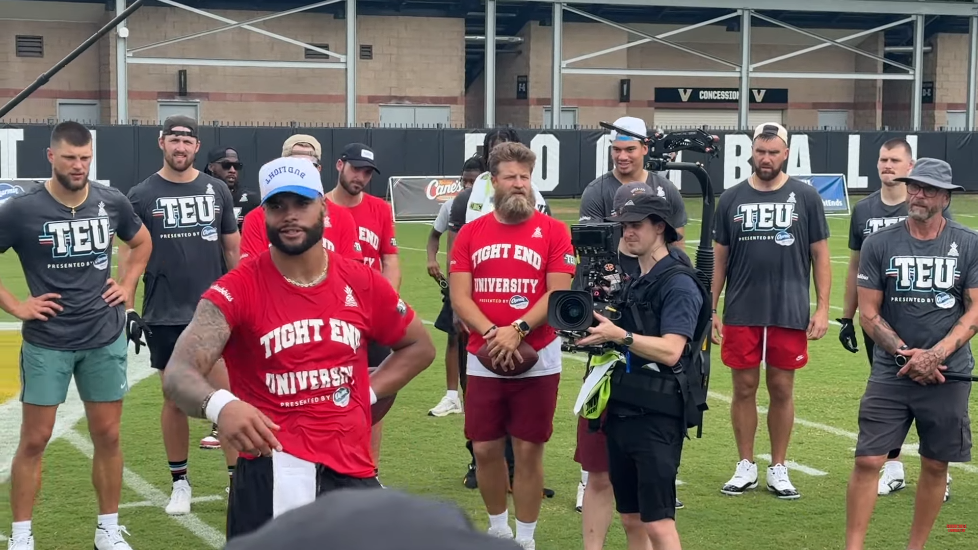 Dallas Cowboys quarterback Dak Prescott talks to tight ends at George Kittle's Tight End University.