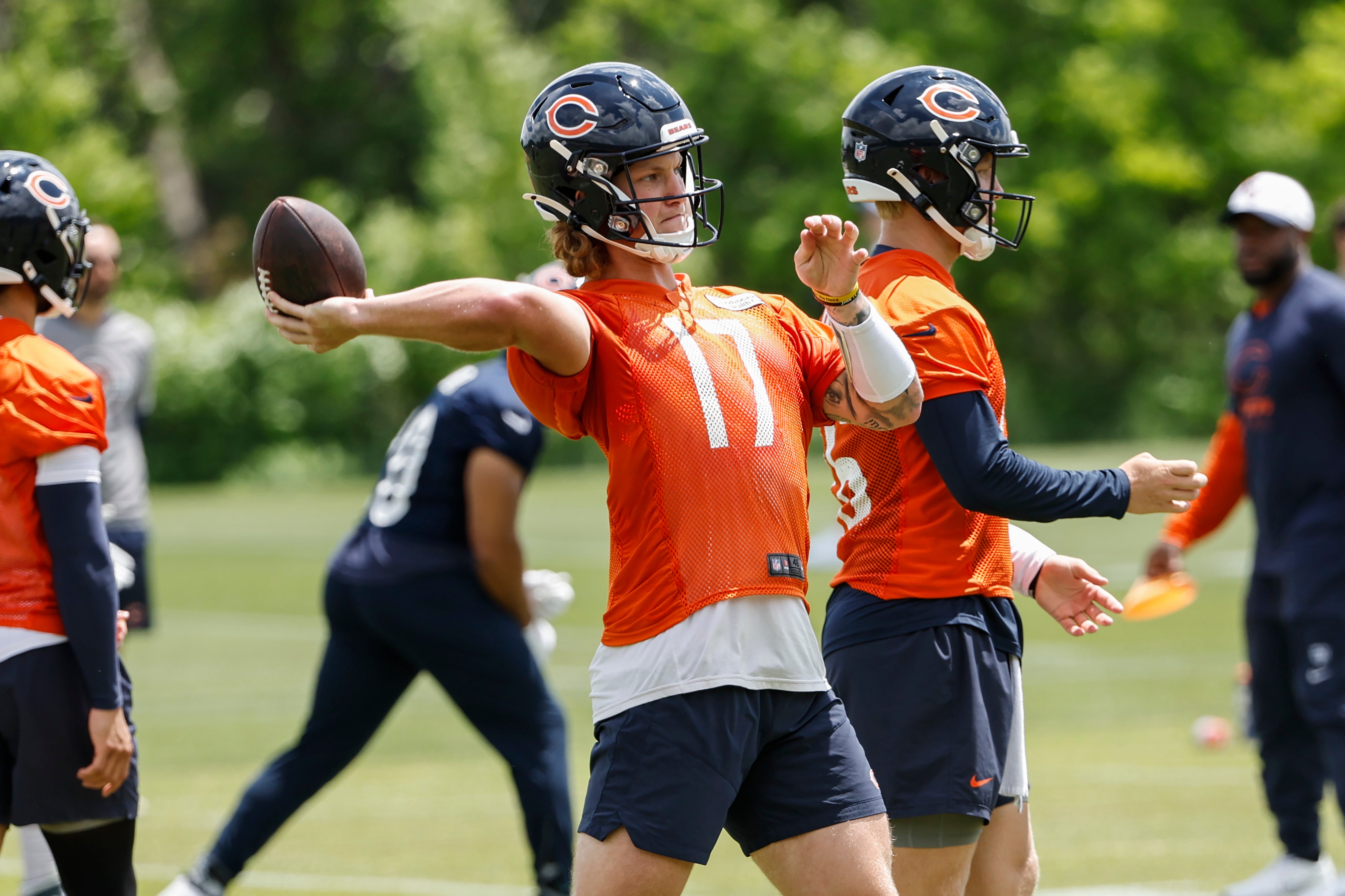 Jun 5, 2024; Lake Forest, IL, USA; Chicago Bears quarterback Tyson Bagent (17) throws the ball during the team's minicamp at Halas Hall.