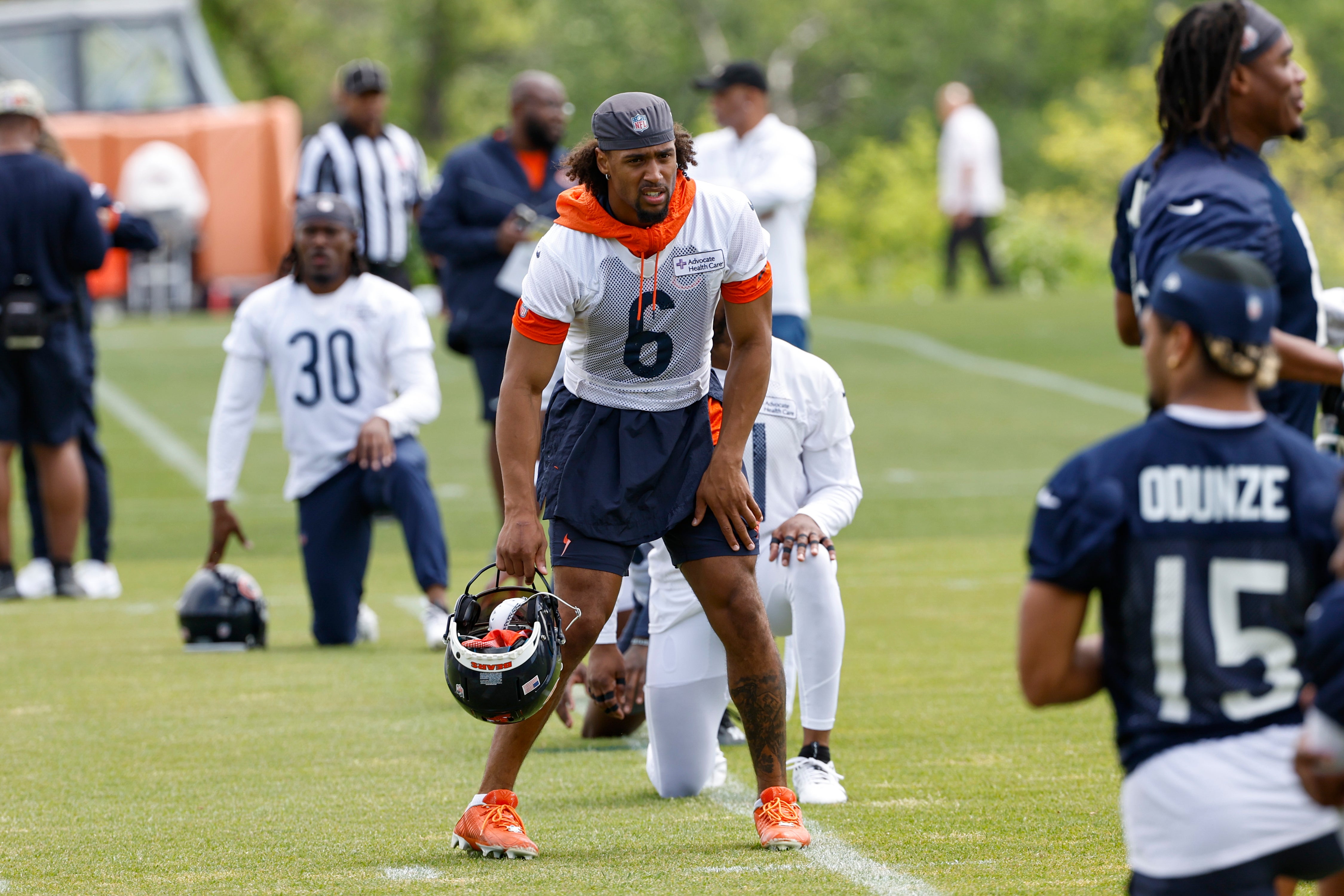 Jun 5, 2024; Lake Forest, IL, USA; Chicago Bears cornerback Kyler Gordon (6) looks on during the team's minicamp at Halas Hall.