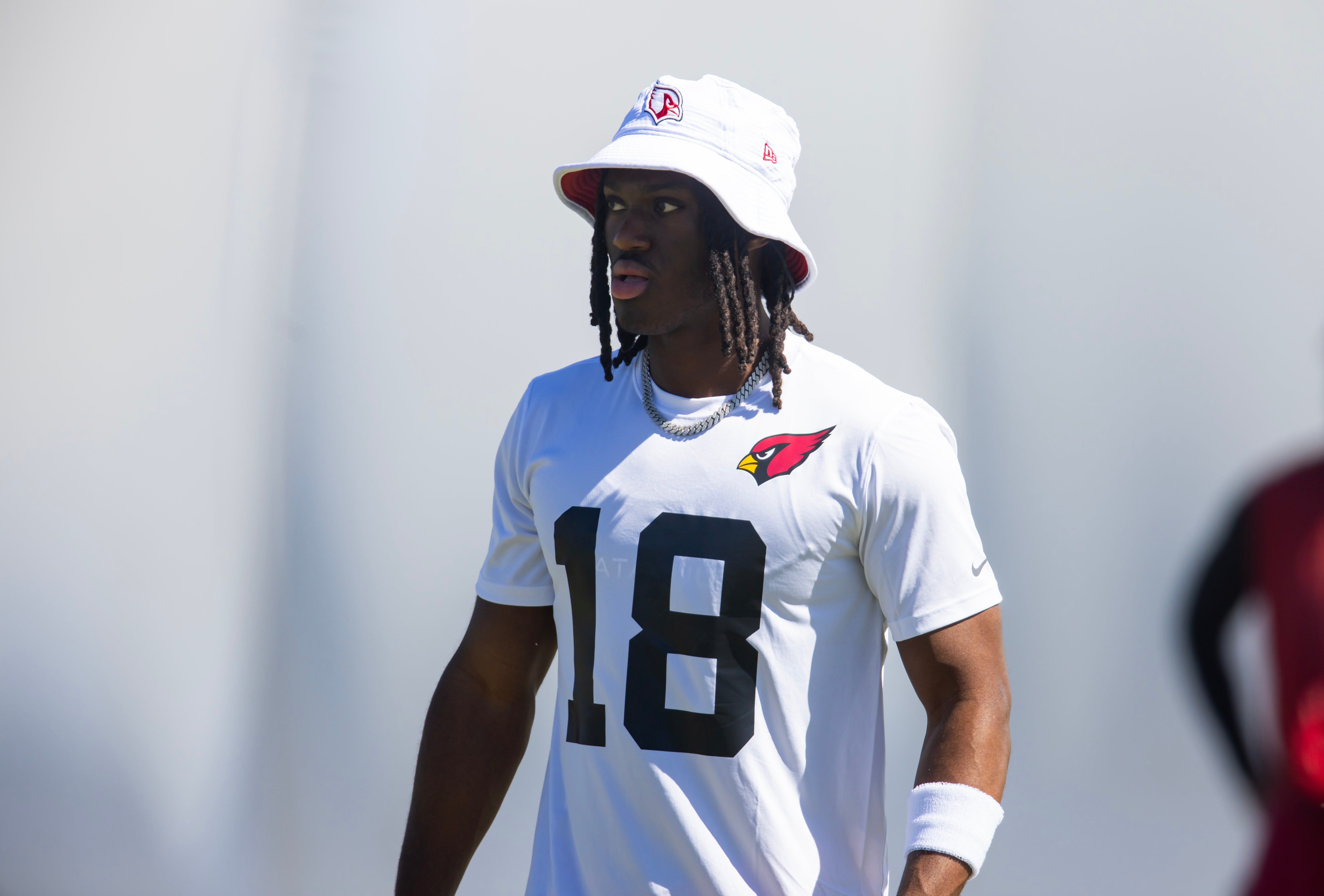 May 10, 2024; Tempe, AZ, USA; Arizona Cardinals wide receiver Marvin Harrison Jr. (18) during rookie minicamp at the teams Tempe Training Facility. Mandatory Credit: Mark J. Rebilas-USA TODAY Sports
