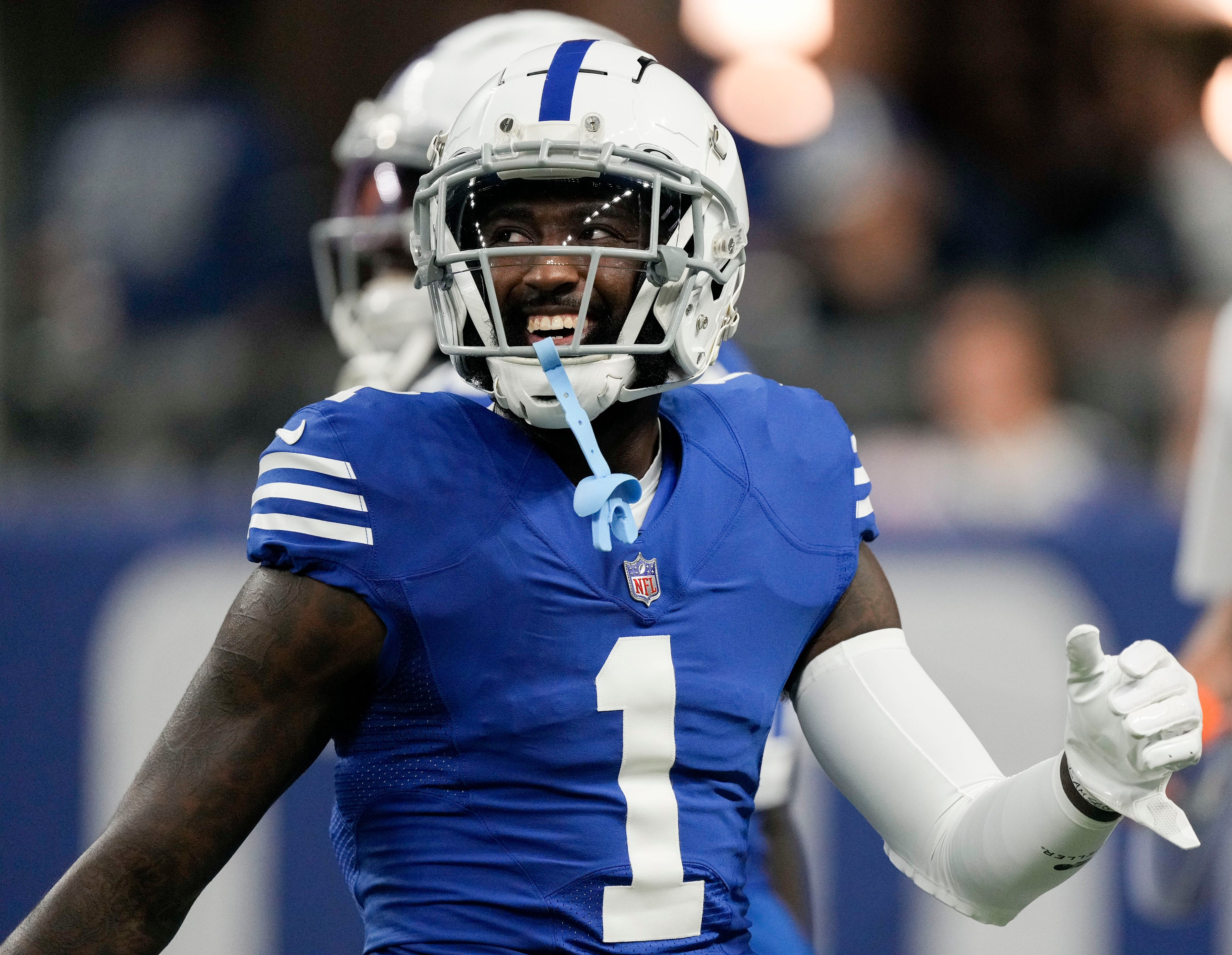 Indianapolis Colts wide receiver Parris Campbell (1) laughs with Indianapolis Colts wide receiver Ashton Dulin (16) while warming up Monday, Nov. 28, 2022, before a game against the Pittsburgh Steelers.
