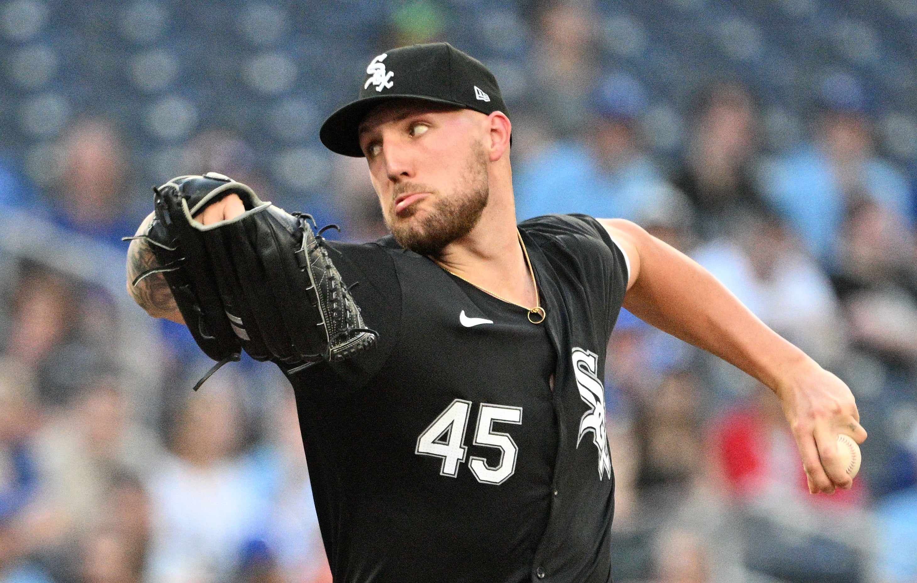May 21, 2024; Toronto, Ontario, CAN; Chicago White Sox starting pitcher Garrett Crochet (45) delivers a pitch against the Toronto Blue Jays in the second inning at Rogers Centre.