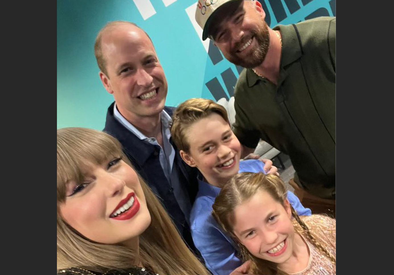 Taylor Swift takes a photo with the royal family and Chiefs tight end Travis Kelce after her show at Wembley Stadium on Friday, June 21, 2024.