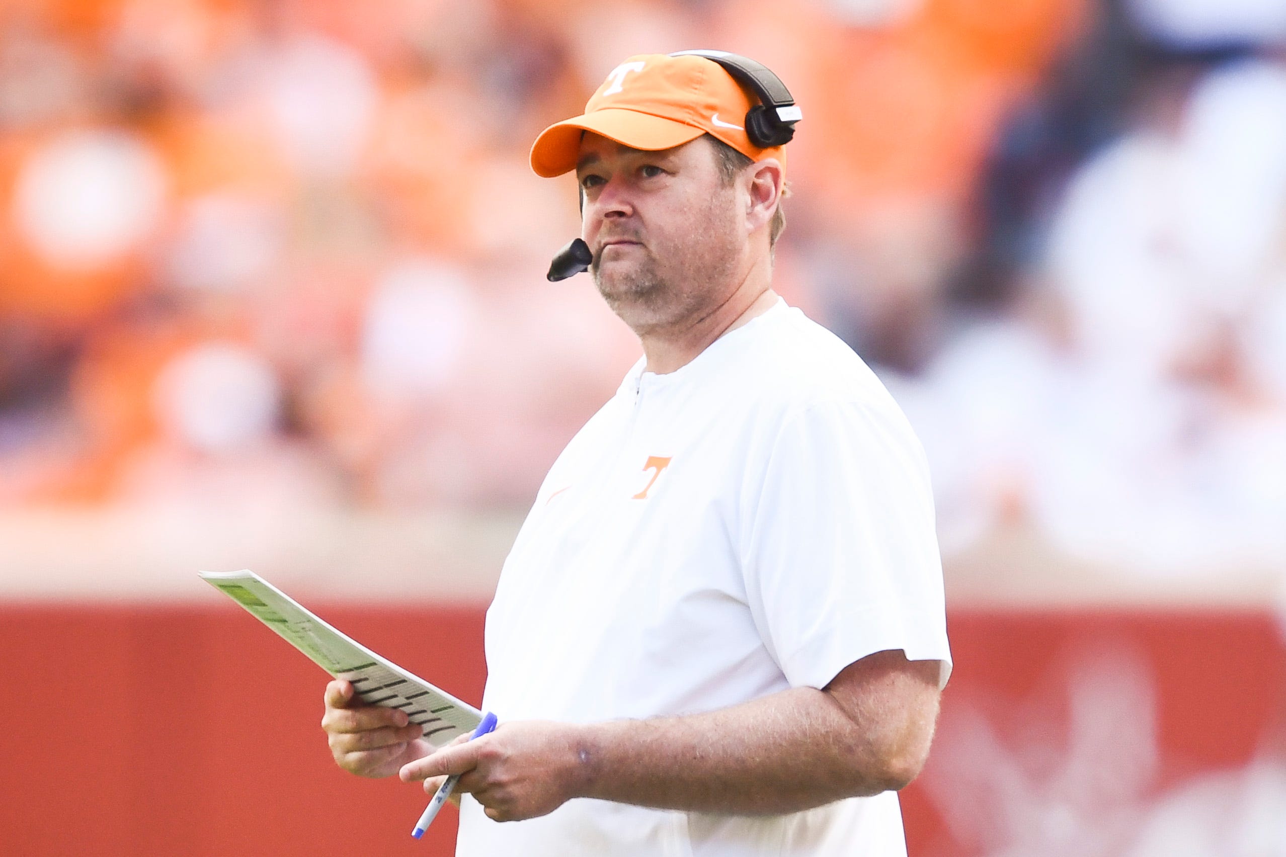 Tennessee head coach Josh Heupel is seen on the sidelines during a football game between Tennessee and Texas A&M at Neyland Stadium in Knoxville, Tenn., on Saturday, Oct. 14, 2023.