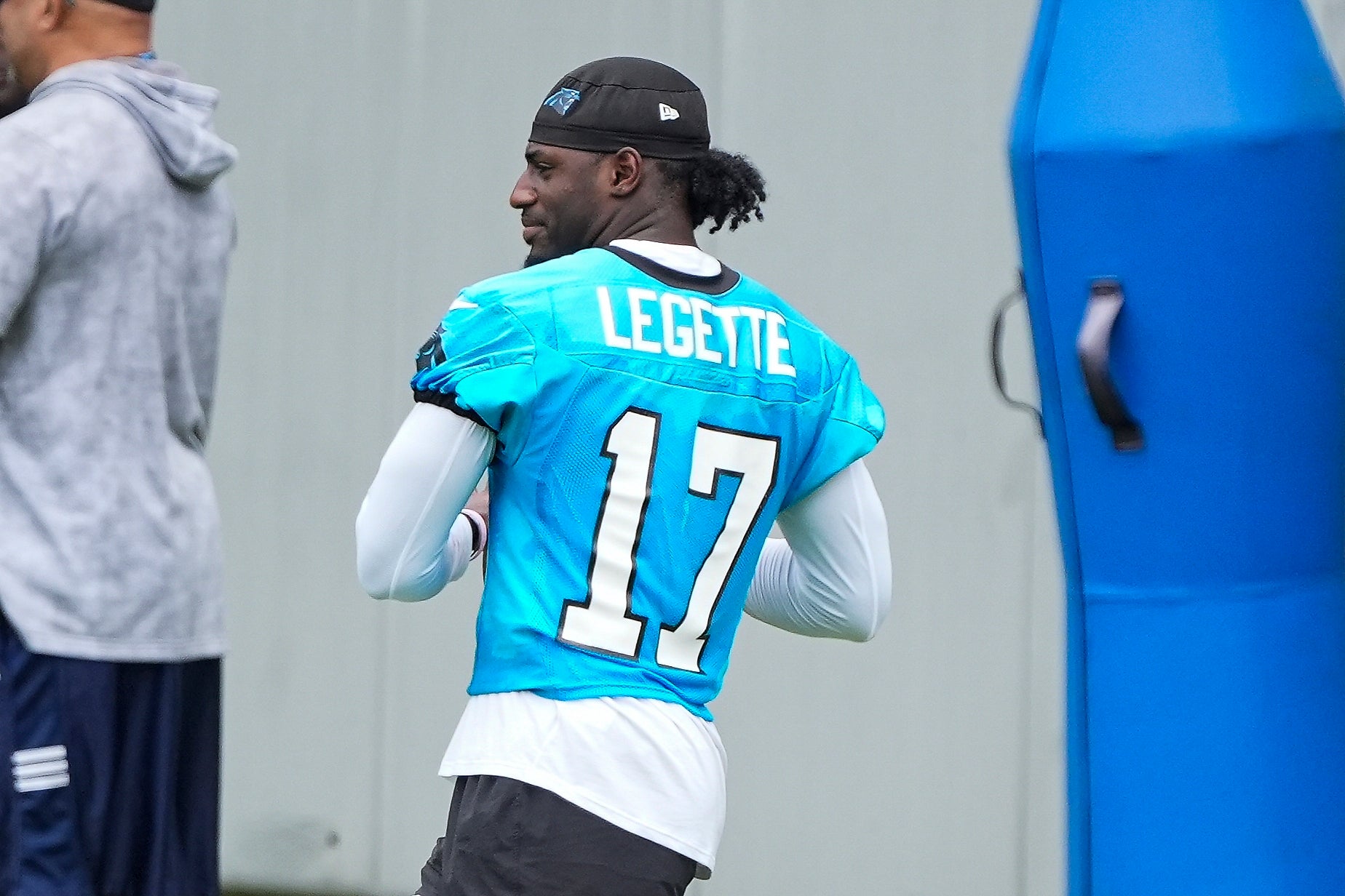 Jun 4, 2024; Charlotte, NC, USA; Carolina Panthers wide receiver Xavier Legette (17) throws during OTAs. Mandatory Credit: Jim Dedmon-USA TODAY Sports