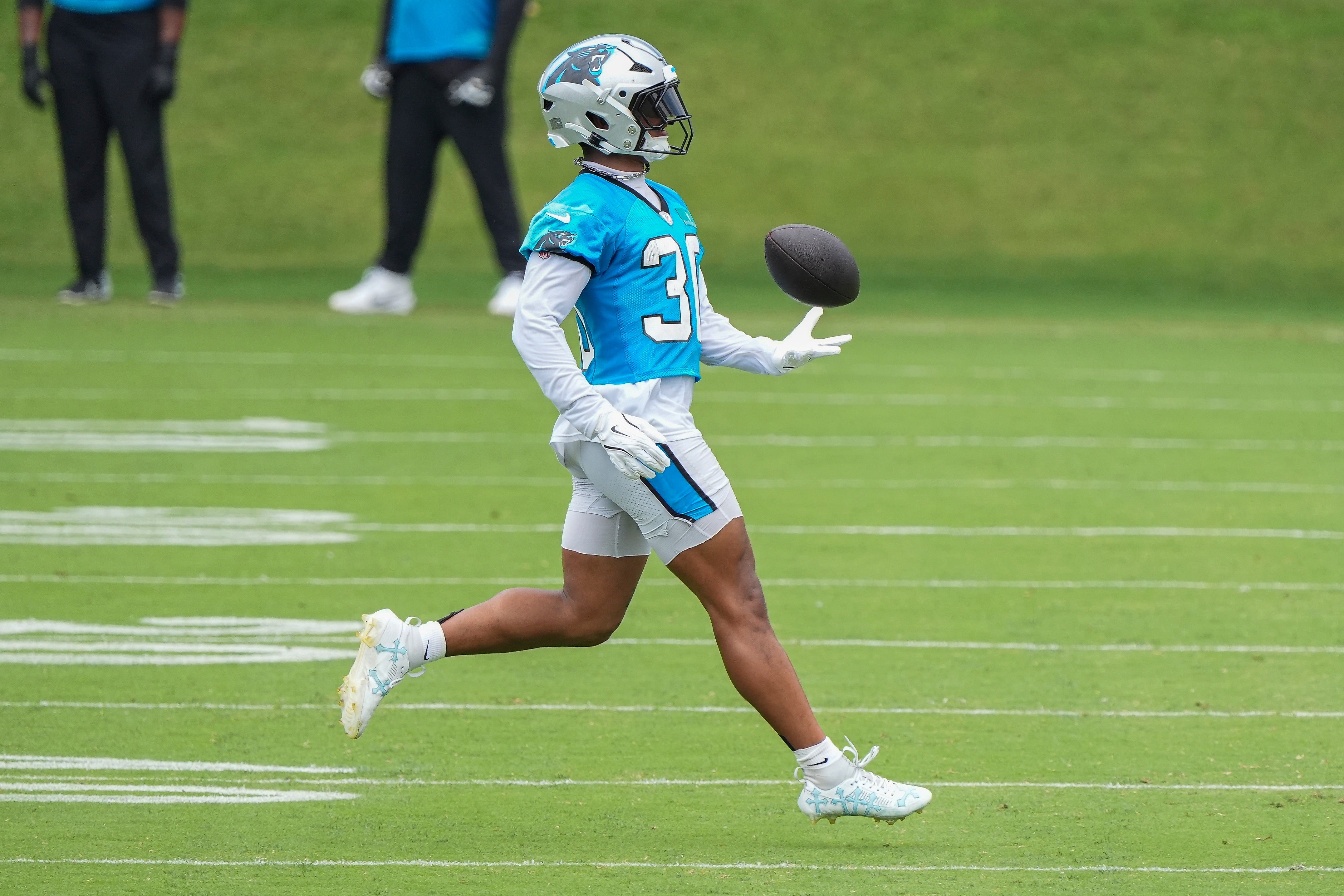 Jun 4, 2024; Charlotte, NC, USA; Carolina Panthers running back Chuba Hubbard (30) during OTAs. Mandatory Credit: Jim Dedmon-USA TODAY Sports