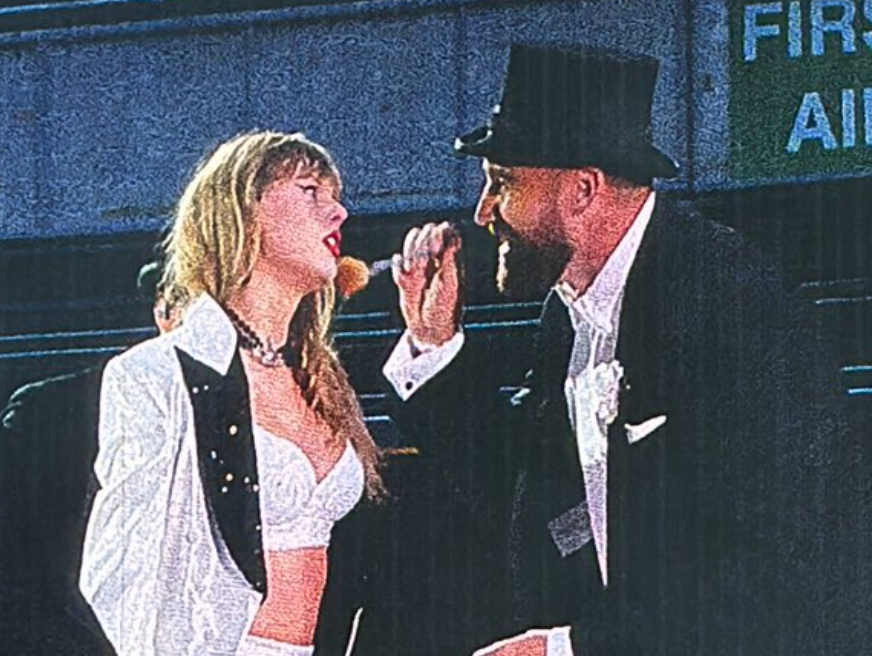 Taylor Swift is joined by Travis Kelce on stage during her third Eras Tour show at Wembley Stadium on Sunday, June 23, 2024