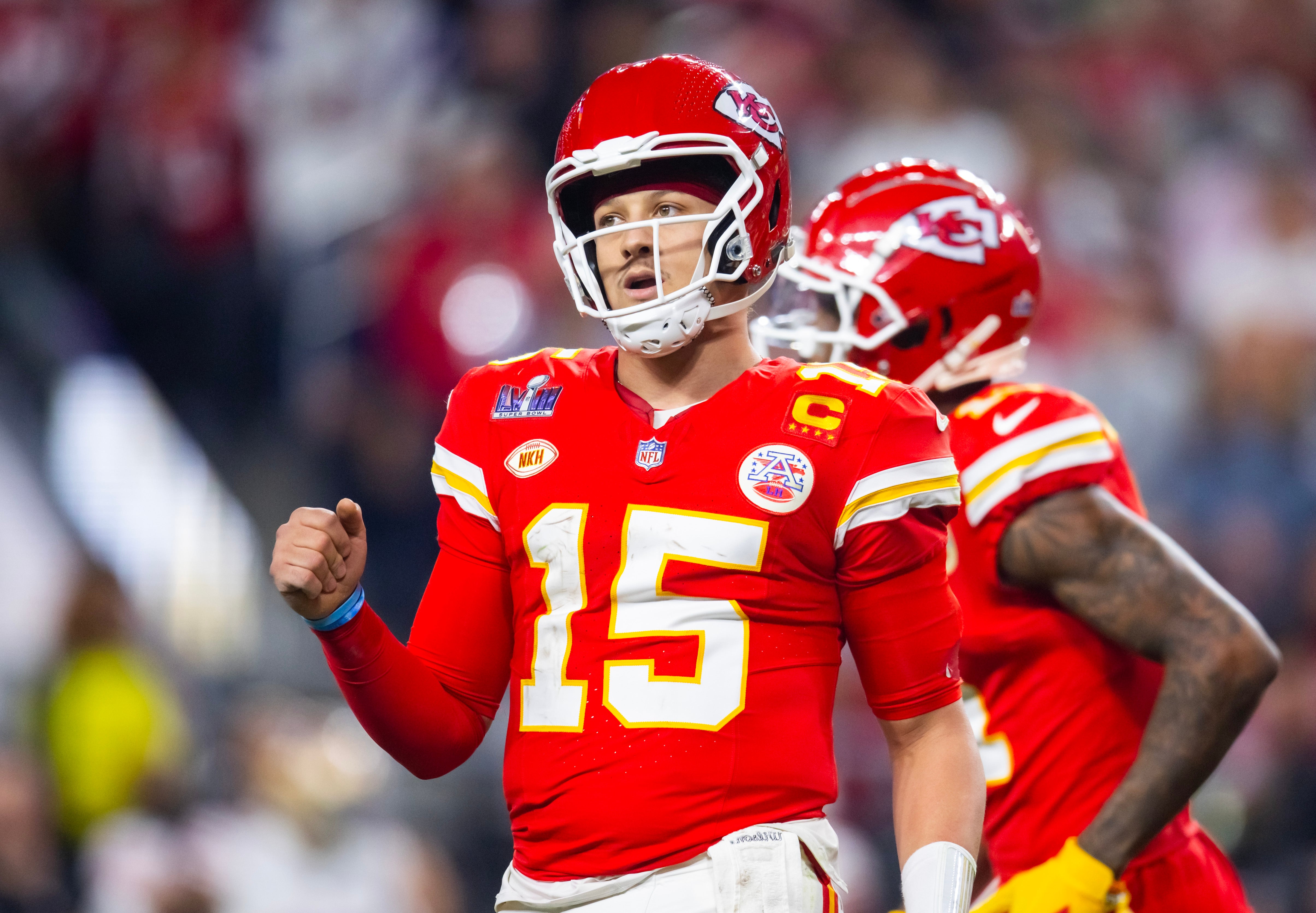 Feb 11, 2024; Paradise, Nevada, USA; Kansas City Chiefs quarterback Patrick Mahomes (15) celebrates a play against the San Francisco 49ers during Super Bowl LVIII at Allegiant Stadium.