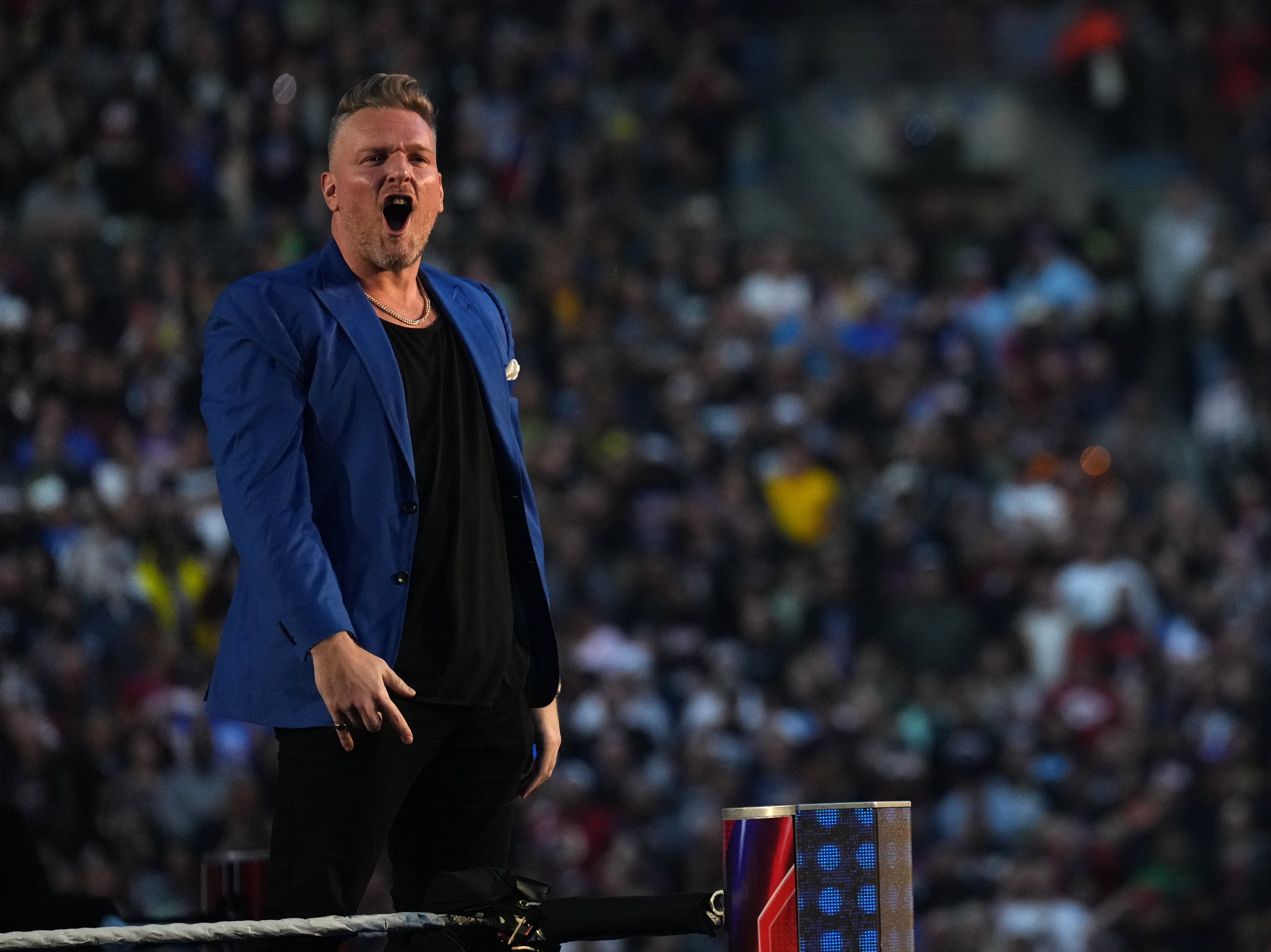 Jan 28, 2023; San Antonio, TX, USA; Pat McAfee enters the arena during the WWE Royal Rumble at the Alamodome.