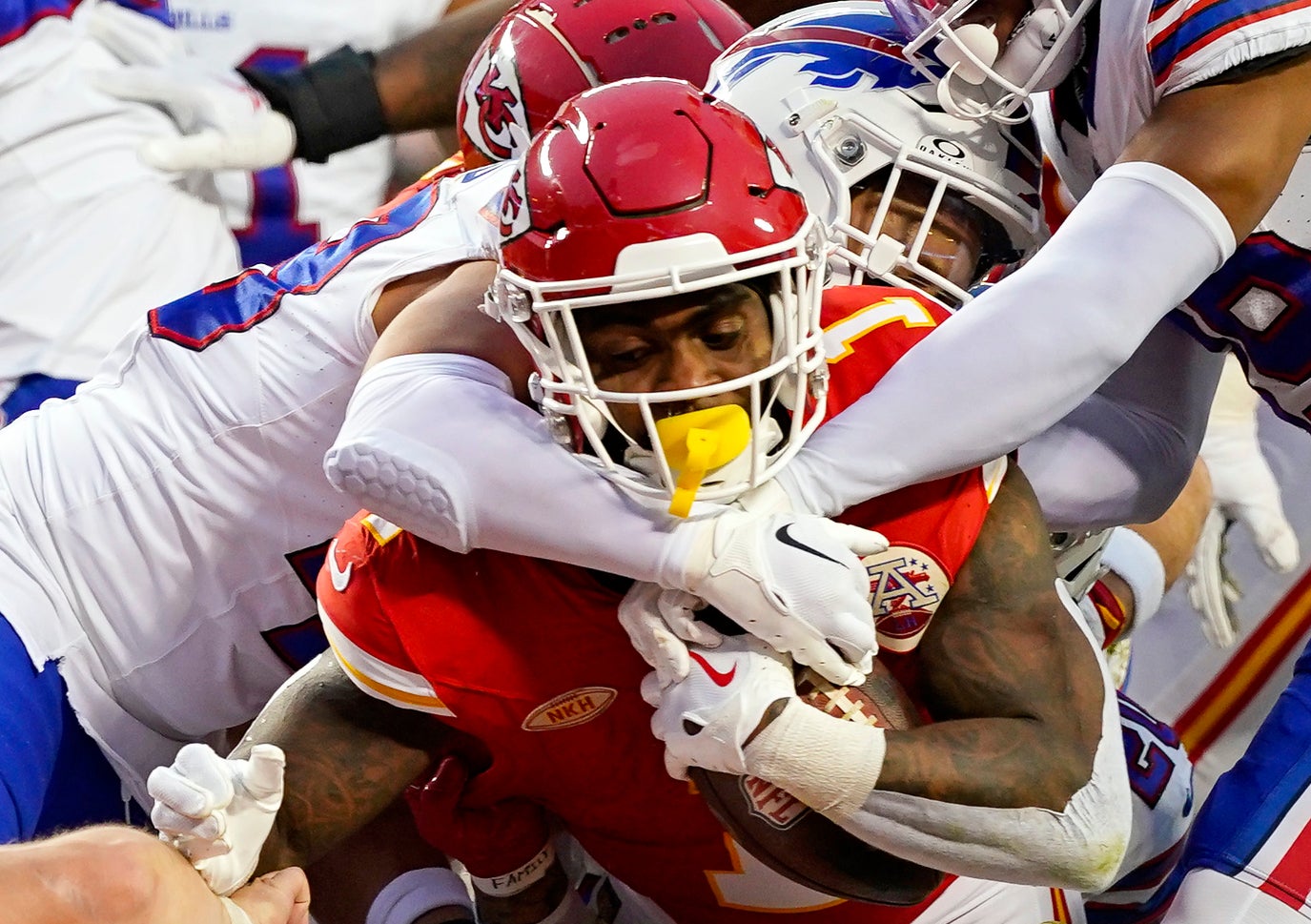 Dec 10, 2023; Kansas City, Missouri, USA; Kansas City Chiefs running back Jerick McKinnon (1) scores a touchdown against the Buffalo Bills during the first half at GEHA Field at Arrowhead Stadium.