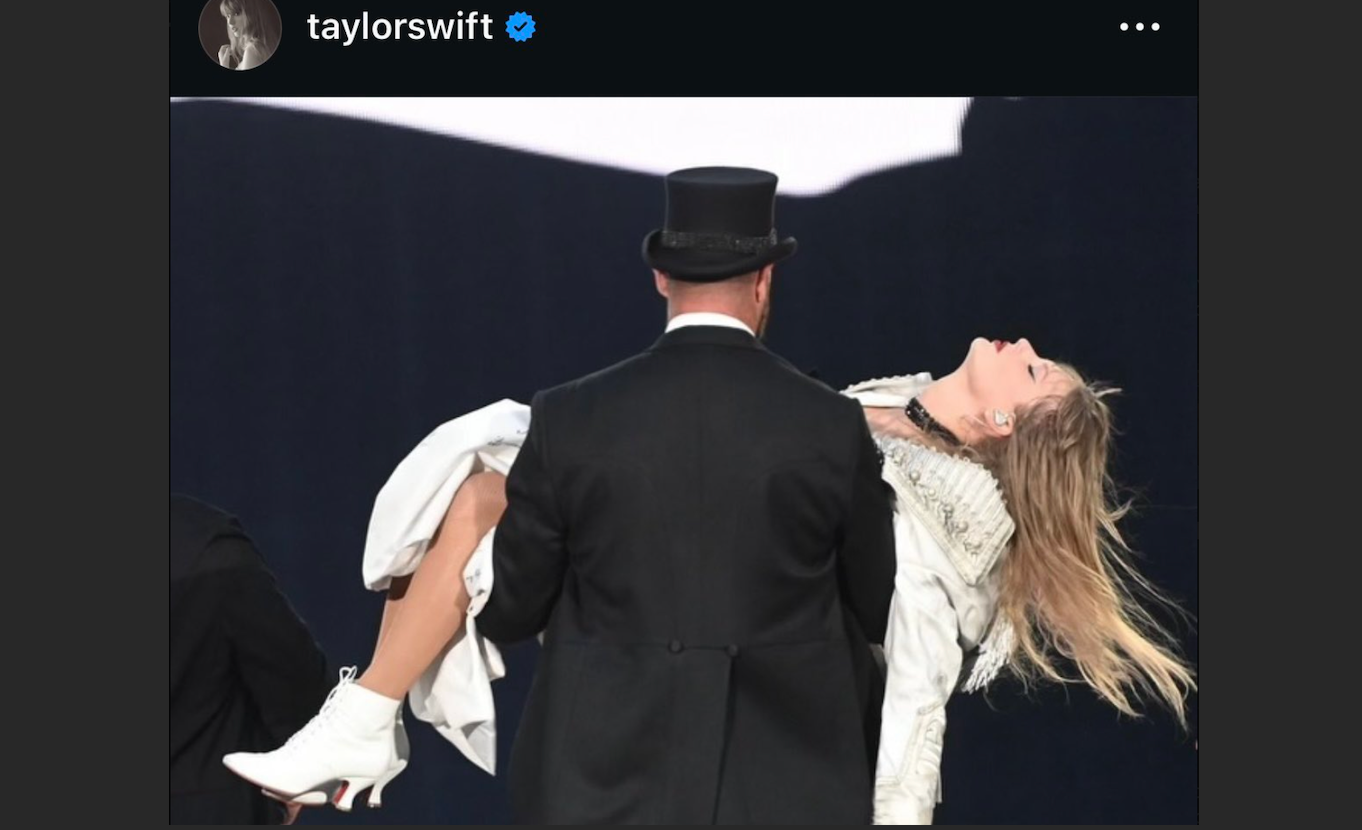 Taylor Swift posts numerous photos and a video of Travis Kelce making his Eras Tour debut on Sunday at Wembley Stadium