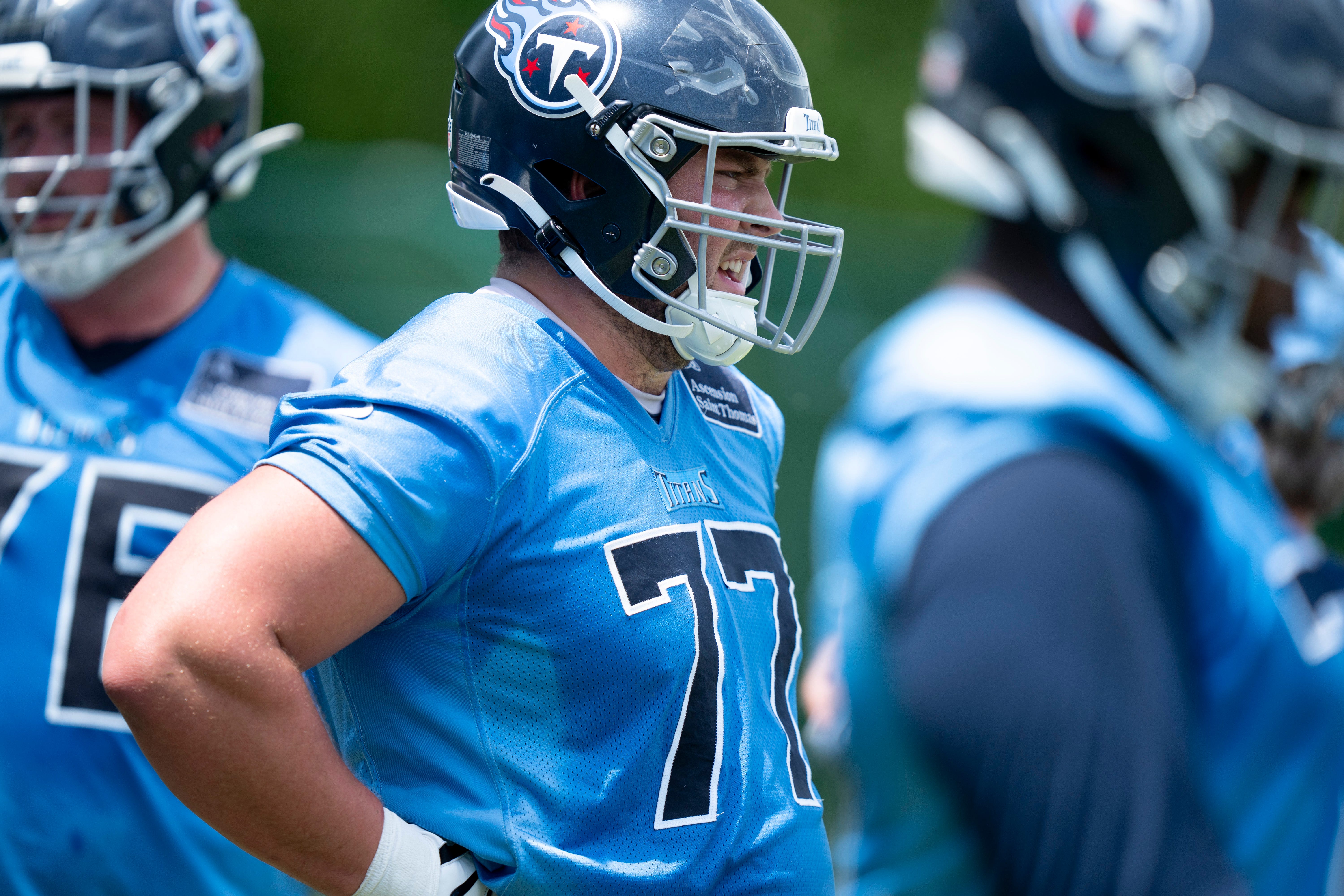 Offensive lineman Peter Skoronski (77) runs through drills during Tennessee Titans practice at Ascension Saint Thomas Sports Park in Nashville, Tenn., Wednesday, May 29, 2024 Denny Simmons / The Tennessean-USA TODAY NETWORK