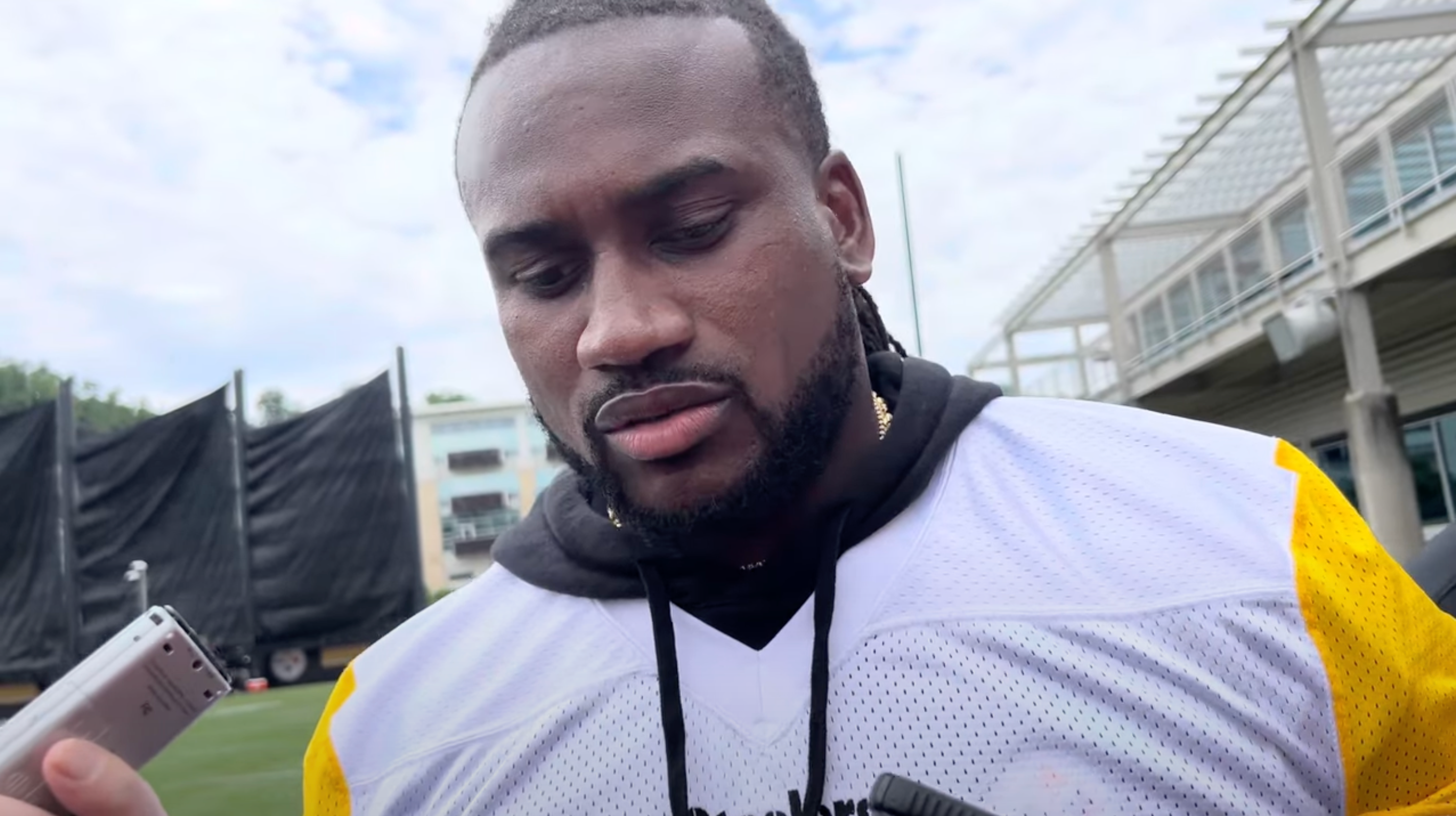 Cordarrelle Patterson addresses the media during Pittsburgh Steelers 2024 OTAs