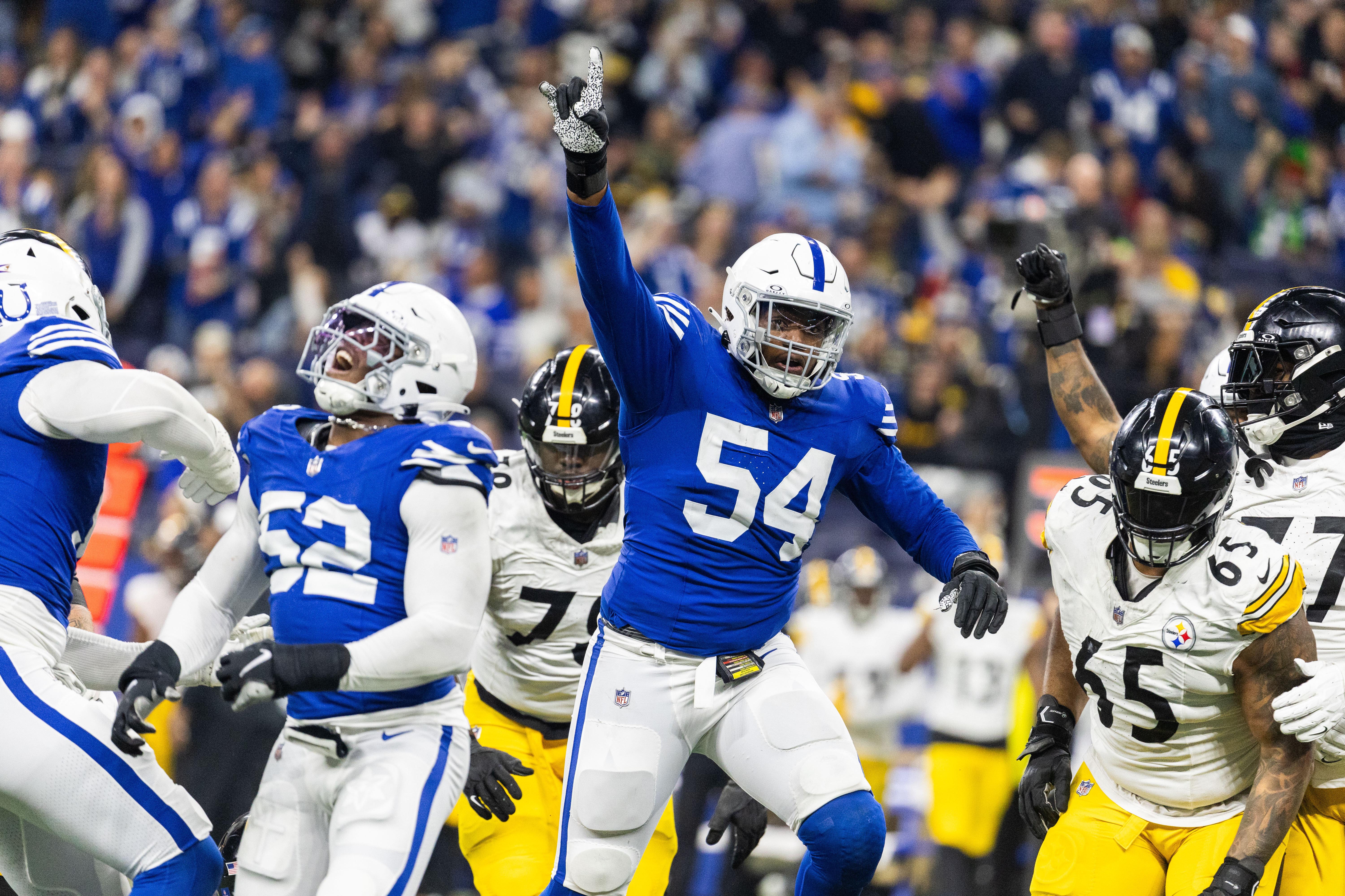 Dec 16, 2023; Indianapolis, Indiana, USA; Indianapolis Colts defensive end Dayo Odeyingbo (54) celebrates a sack in the second half against the Pittsburgh Steelers at Lucas Oil Stadium.